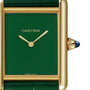 The Cartier Tank Louis Cartier features a rectangular 18K yellow gold case, green lacquer-effect dial, gold hands, blue cabochon crown, and CARTIER and SWISS MADE on the face.