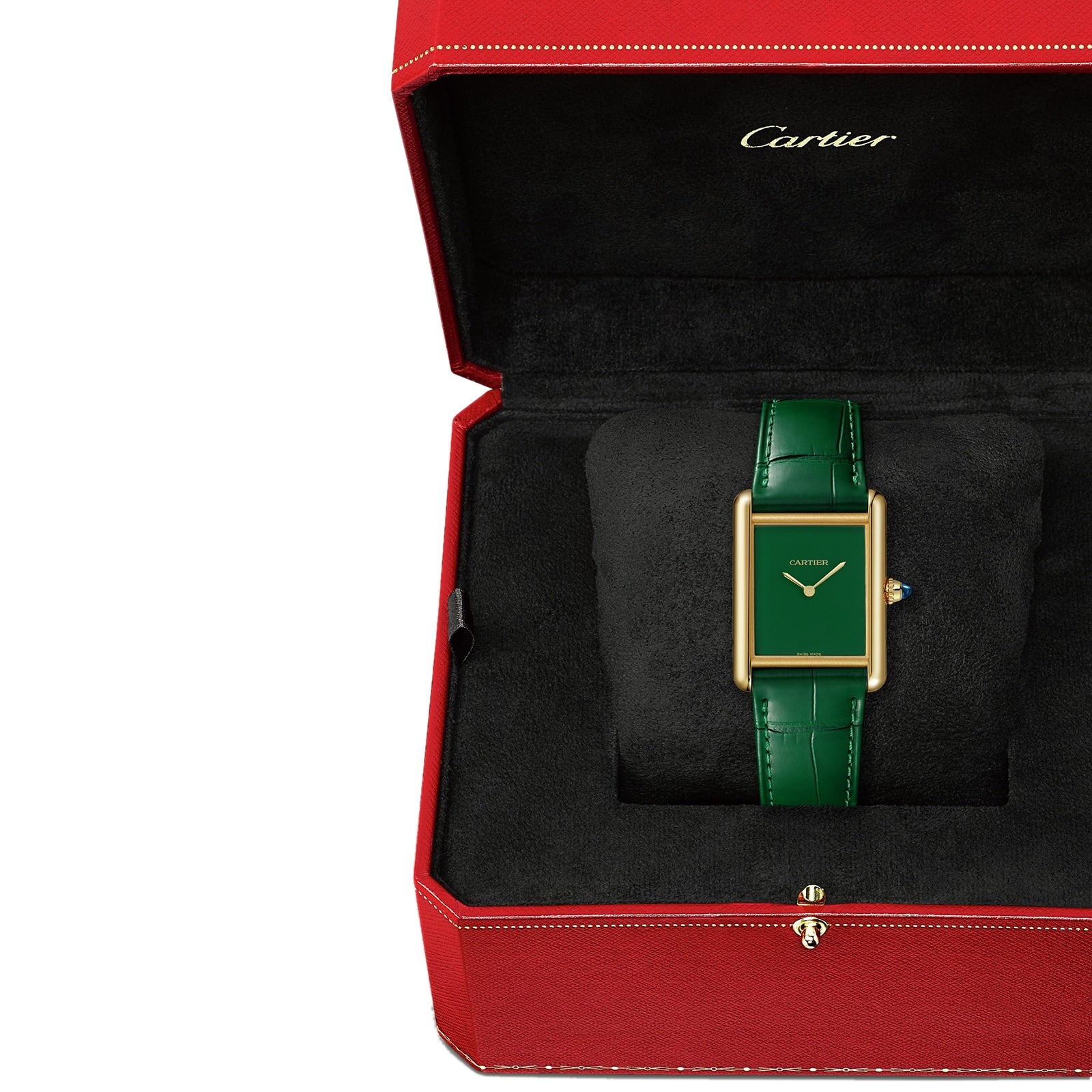 A Cartier Tank Louis Cartier watch with a green lacquer-effect dial, 18K yellow gold case, and matching green strap is shown in an open red Cartier box featuring a black interior.