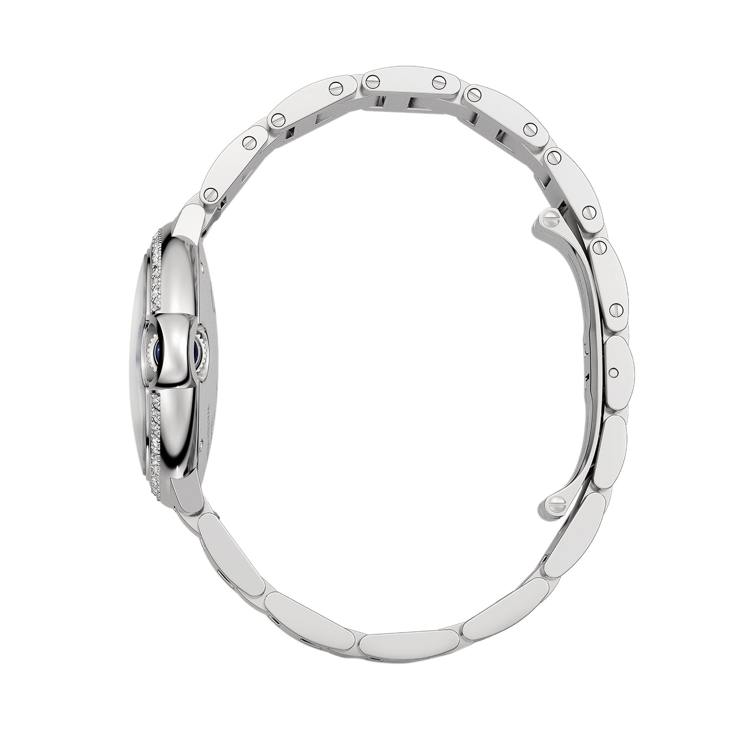 A side view of the Ballon Bleu de Cartier by Cartier reveals its metallic linked band, sunray grey dial, open clasp, and showcases the brand’s signature self-winding movement in an elegant design.