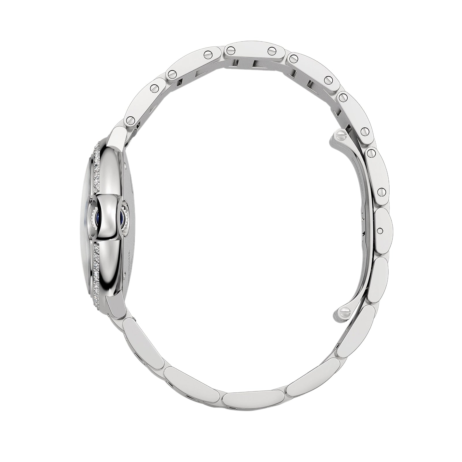 A side view of the Ballon Bleu de Cartier by Cartier reveals its metallic linked band, sunray grey dial, open clasp, and showcases the brand’s signature self-winding movement in an elegant design.