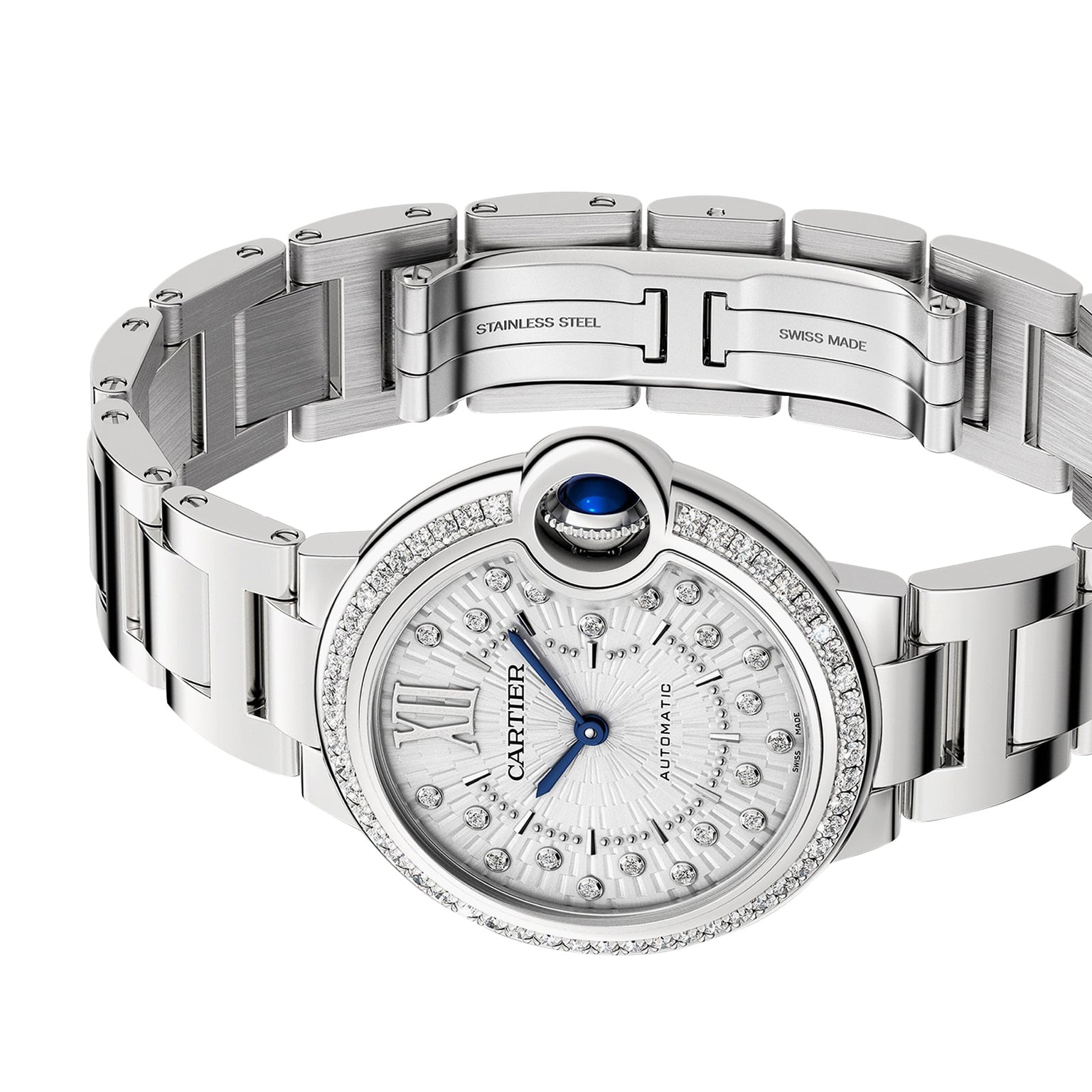 The Cartier Ballon Bleu de Cartier is a stainless steel wristwatch with a diamond-set round bezel, sunray grey dial with Roman numerals, a blue cabochon crown, and self-winding movement.