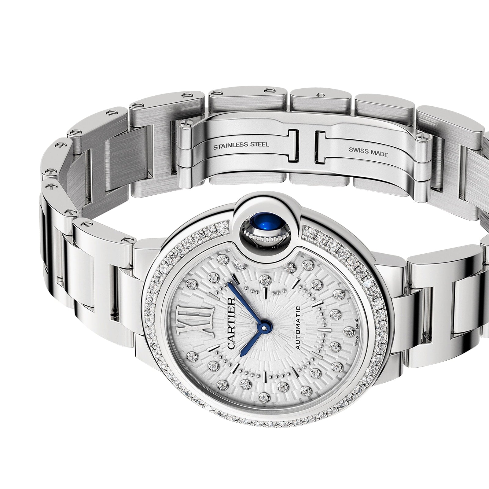 The Cartier Ballon Bleu de Cartier is a stainless steel wristwatch with a diamond-set round bezel, sunray grey dial with Roman numerals, a blue cabochon crown, and self-winding movement.