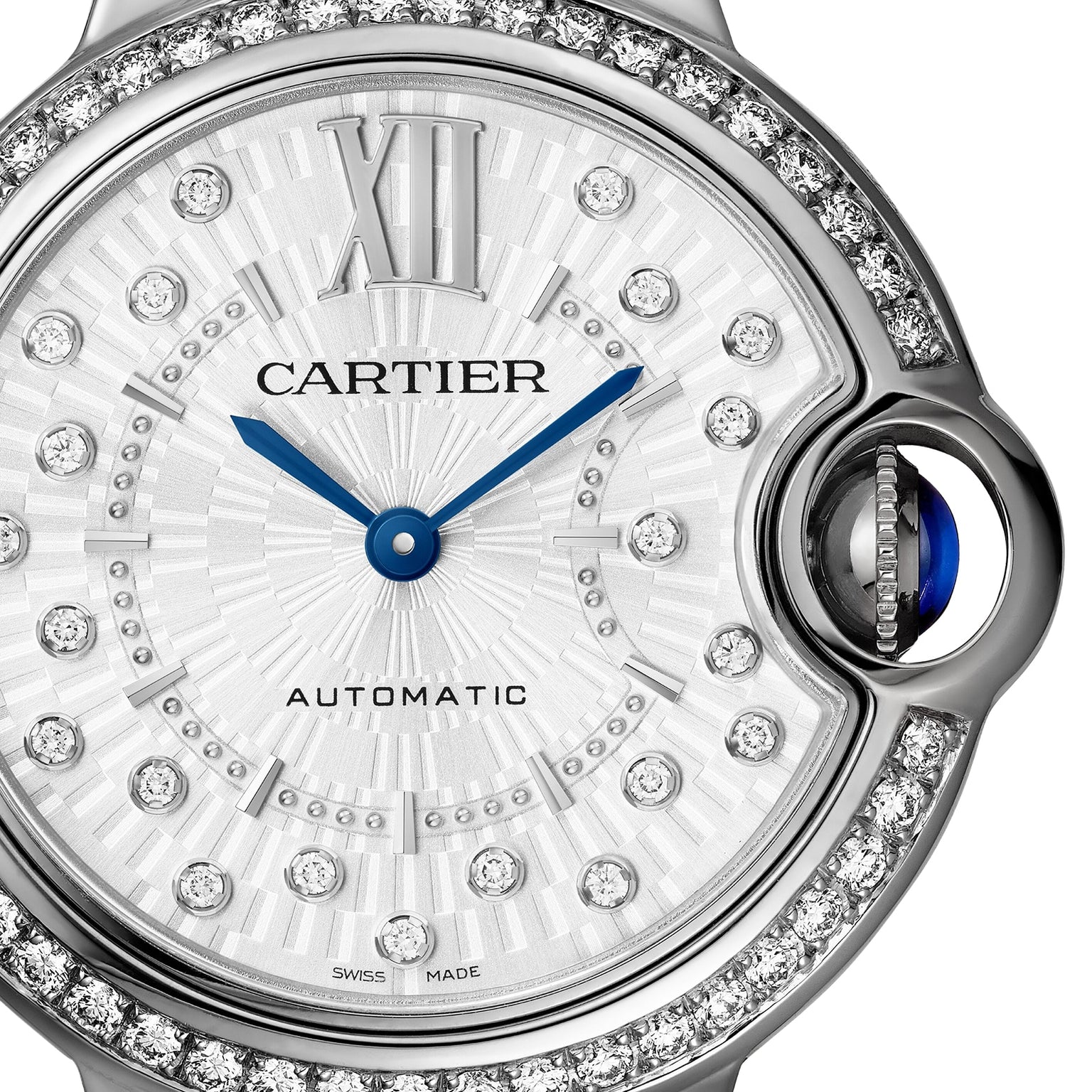 Close-up of the Ballon Bleu de Cartier by Cartier, featuring a sunray grey dial, diamond accents, blue hands, Roman numeral XII, and AUTOMATIC text on the dial—highlighting its elegant self-winding movement.