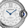 Close-up of the Ballon Bleu de Cartier by Cartier, featuring a sunray grey dial, diamond accents, blue hands, Roman numeral XII, and AUTOMATIC text on the dial—highlighting its elegant self-winding movement.