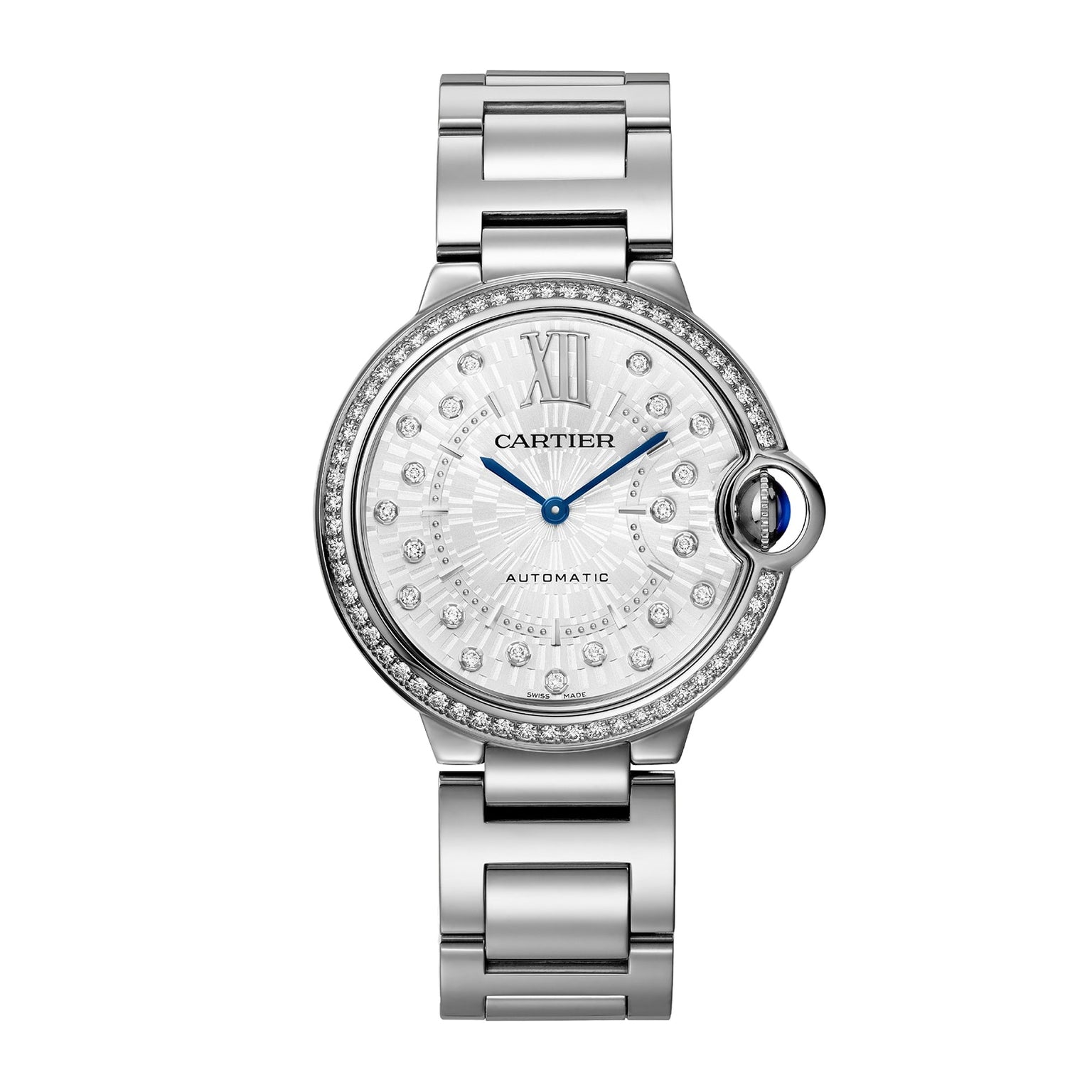 The Cartier Ballon Bleu de Cartier features a sunray grey dial, diamond-set bezel, Roman numeral markers, blue hands, and an interchangeable steel bracelet.