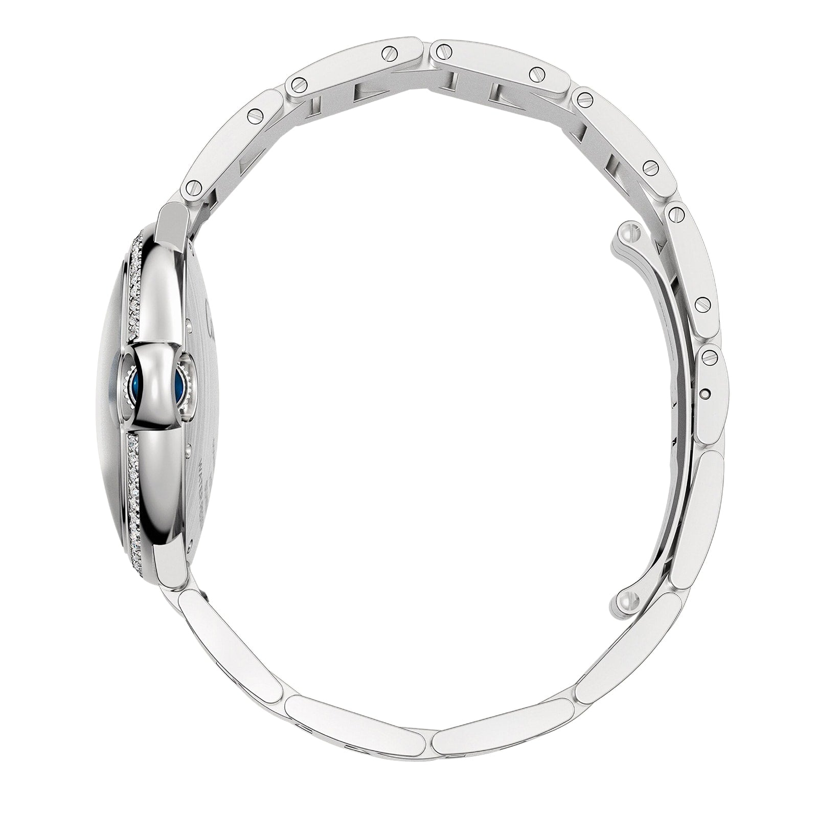 Side view of the Ballon Bleu de Cartier watch by Cartier, showcasing a thin steel interchangeable bracelet, round case, blue crown, diamond-accented bezel, and a sunray grey dial.