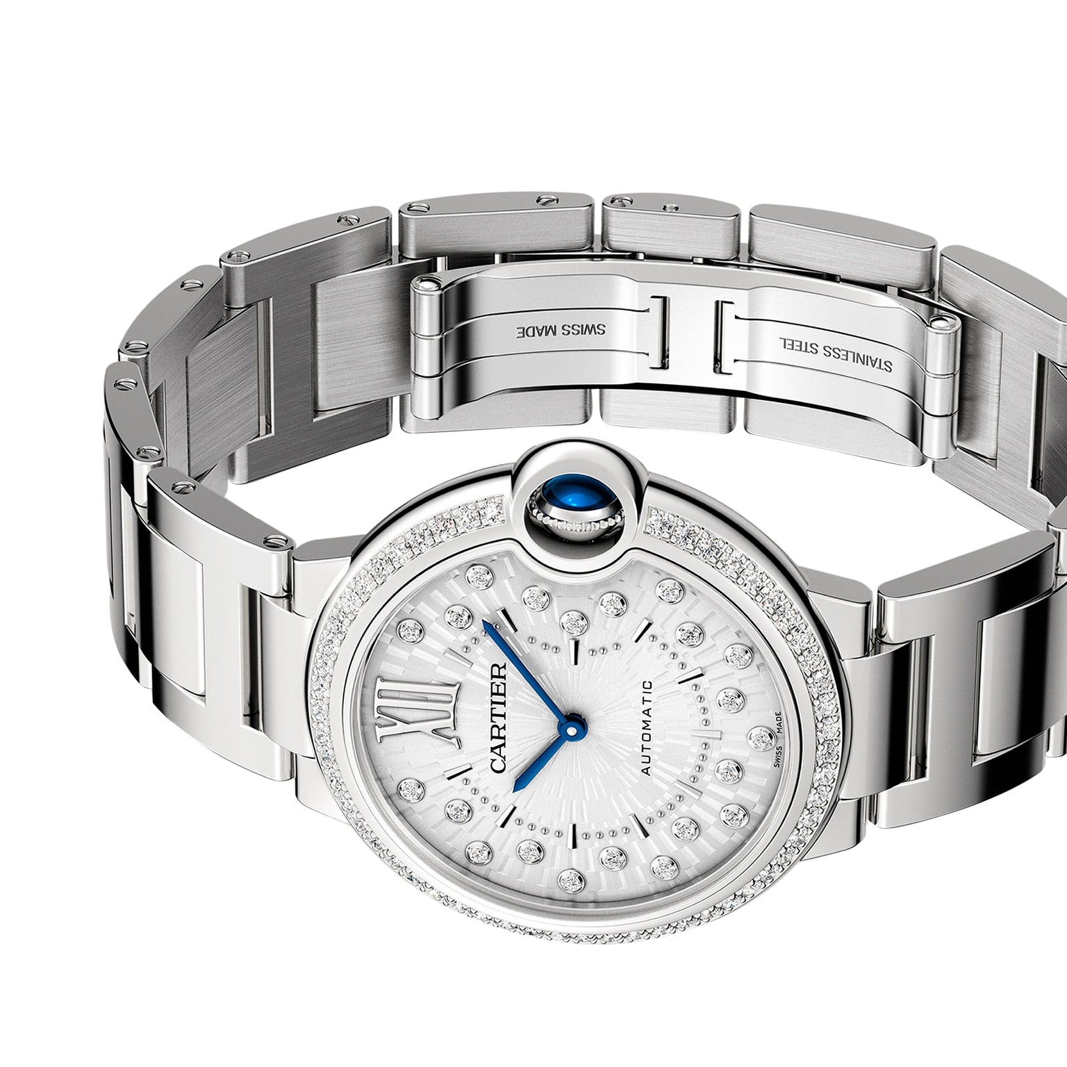 A Ballon Bleu de Cartier watch by Cartier featuring a round sunray grey dial, diamond bezel, Roman numerals, blue hands, date display, and an interchangeable steel bracelet.