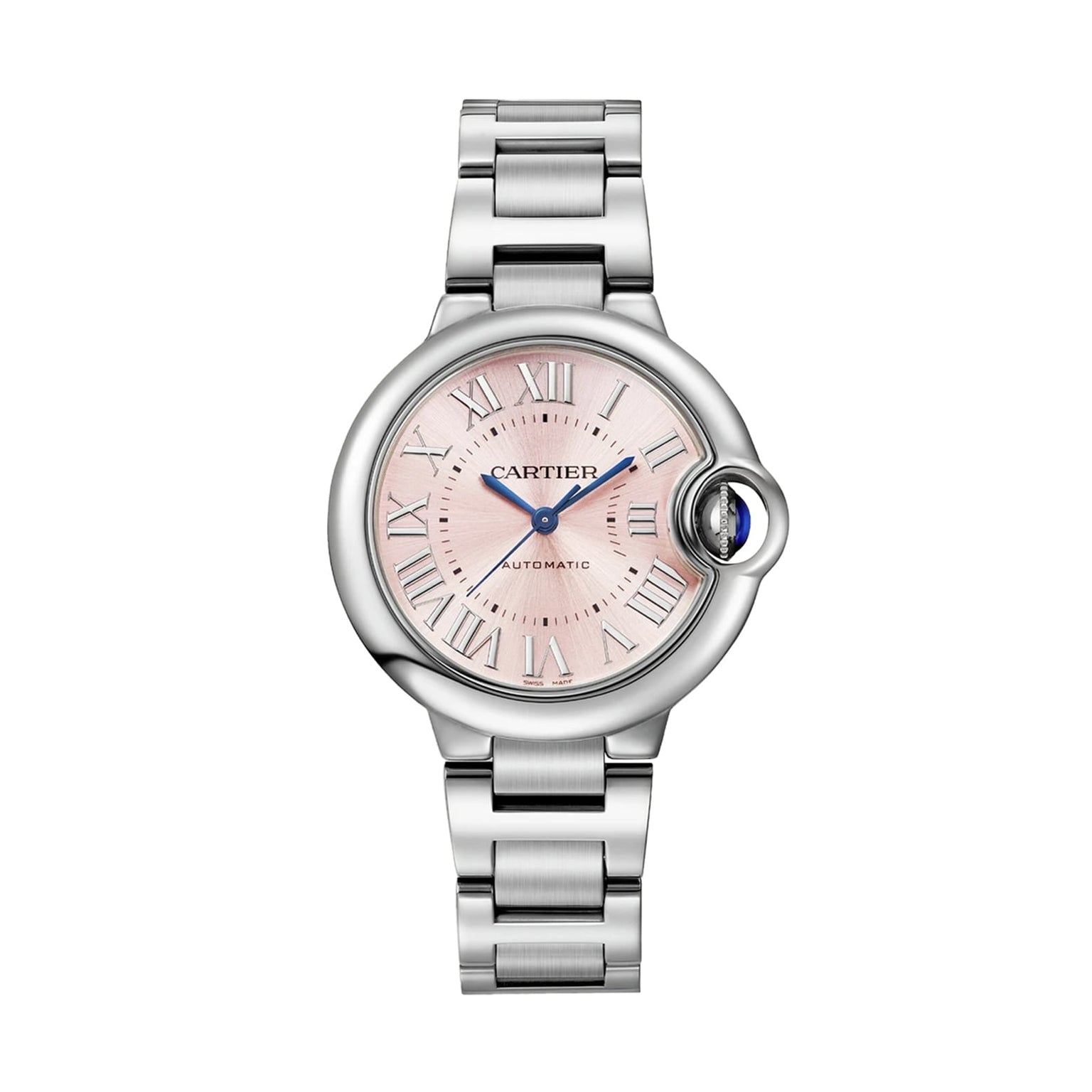 The Ballon Bleu de Cartier by Cartier is a silver wristwatch featuring a pink dial, Roman numerals, and a blue cabochon crown.