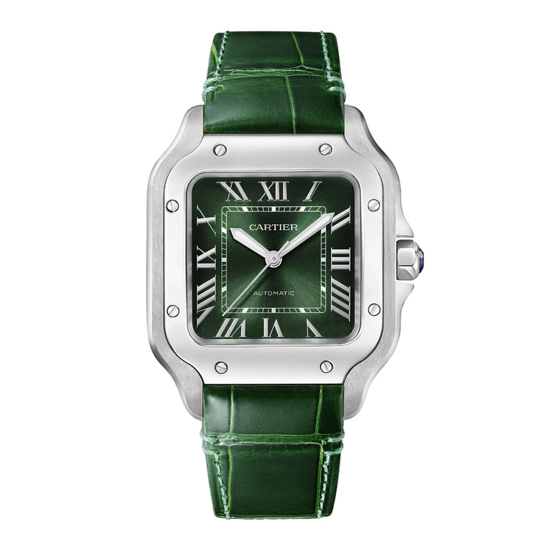 The Santos de Cartier by Cartier features a square stainless steel case, green Roman numeral dial, green leather strap, and a self-winding mechanical movement.