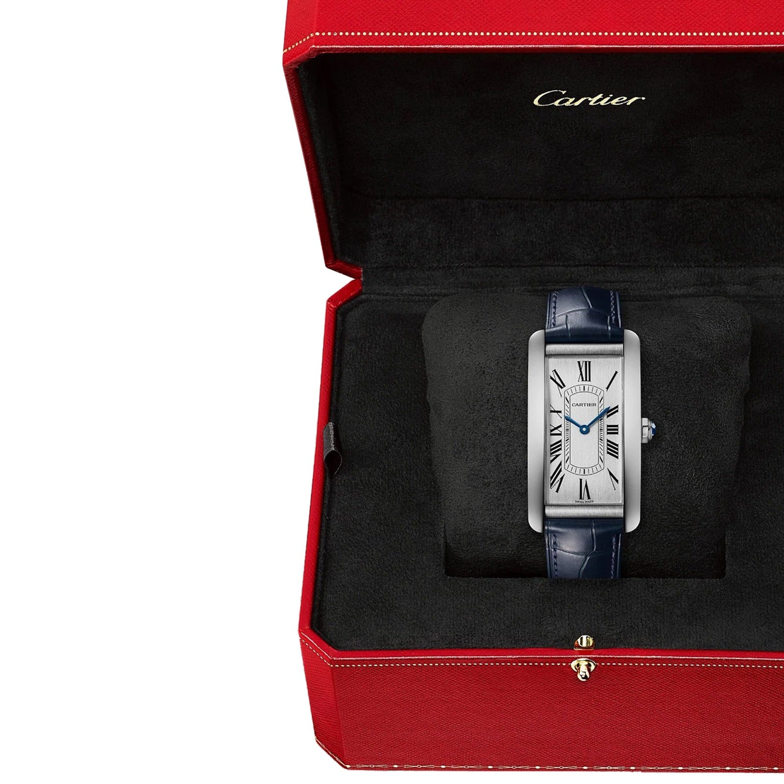 A Cartier Tank Américaine watch with a blue leather strap is presented in an open red Cartier box with black interior, showcasing timeless elegance.
