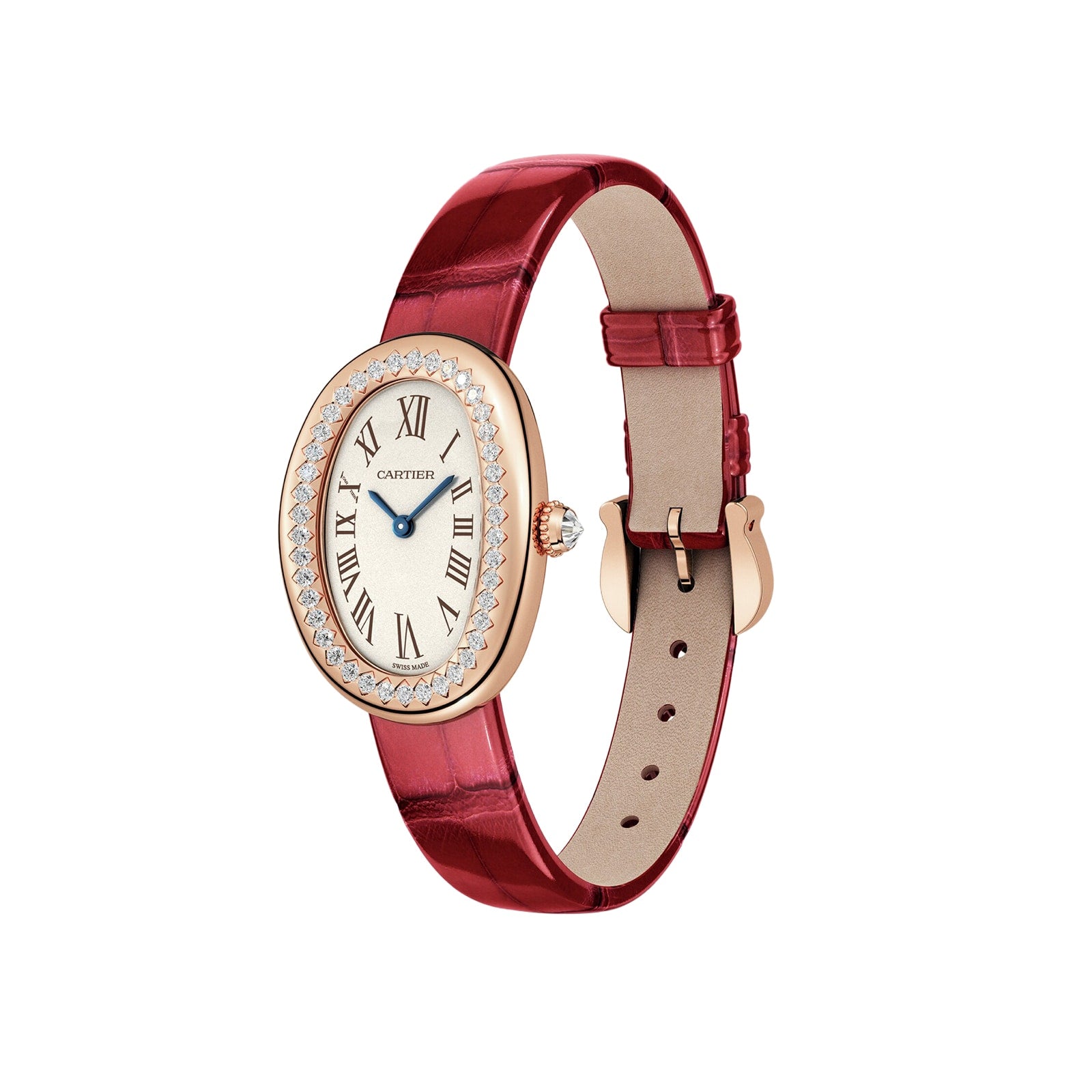 The Cartier Baignoire is a luxury wristwatch featuring a diamond-set bezel, Roman numerals, elegant blue hands, and a striking red leather strap.