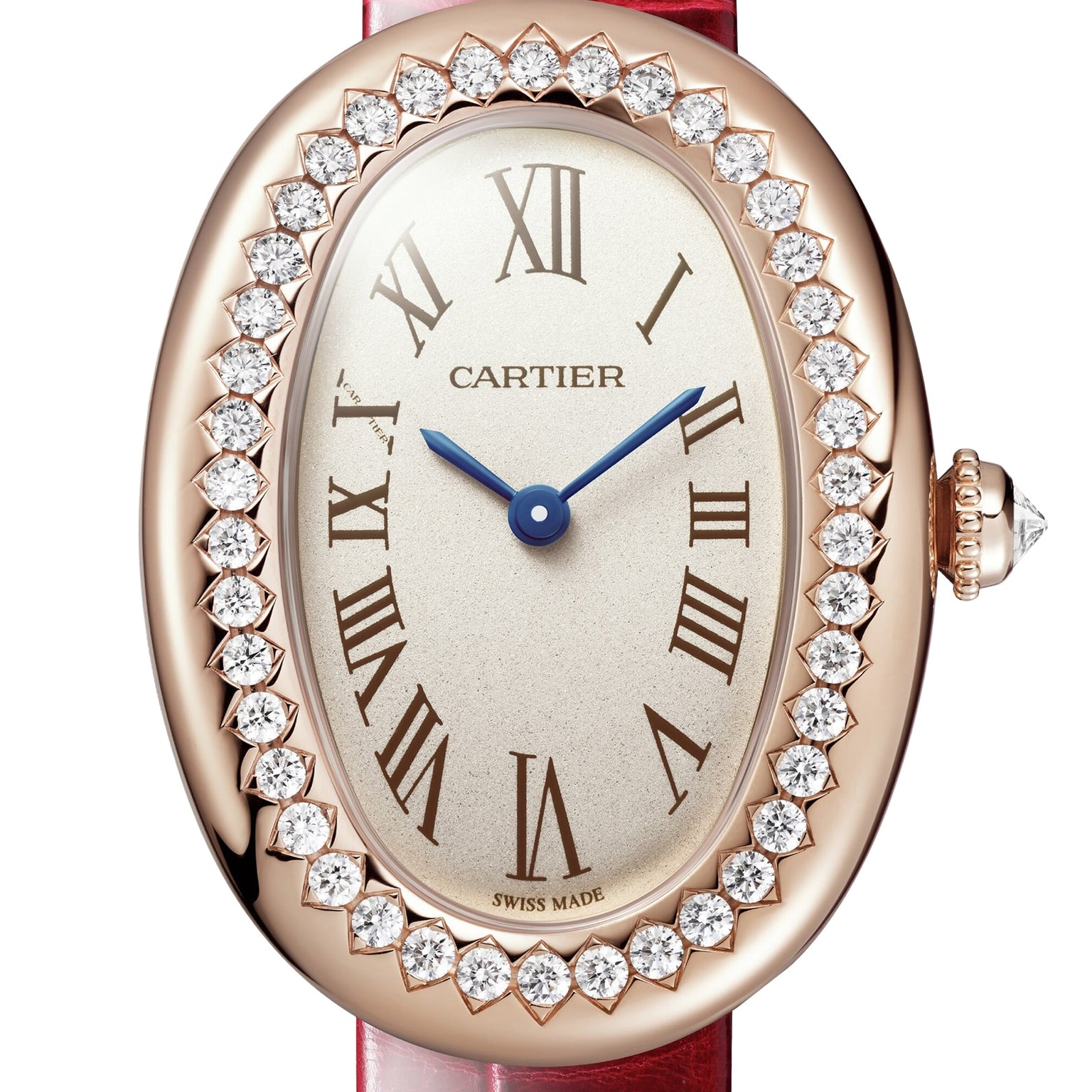 The Cartier Baignoire watch showcases a gold oval case, diamond-set bezel, Roman numerals, blue hands, and a red leather strap—a refined symbol of timeless elegance.