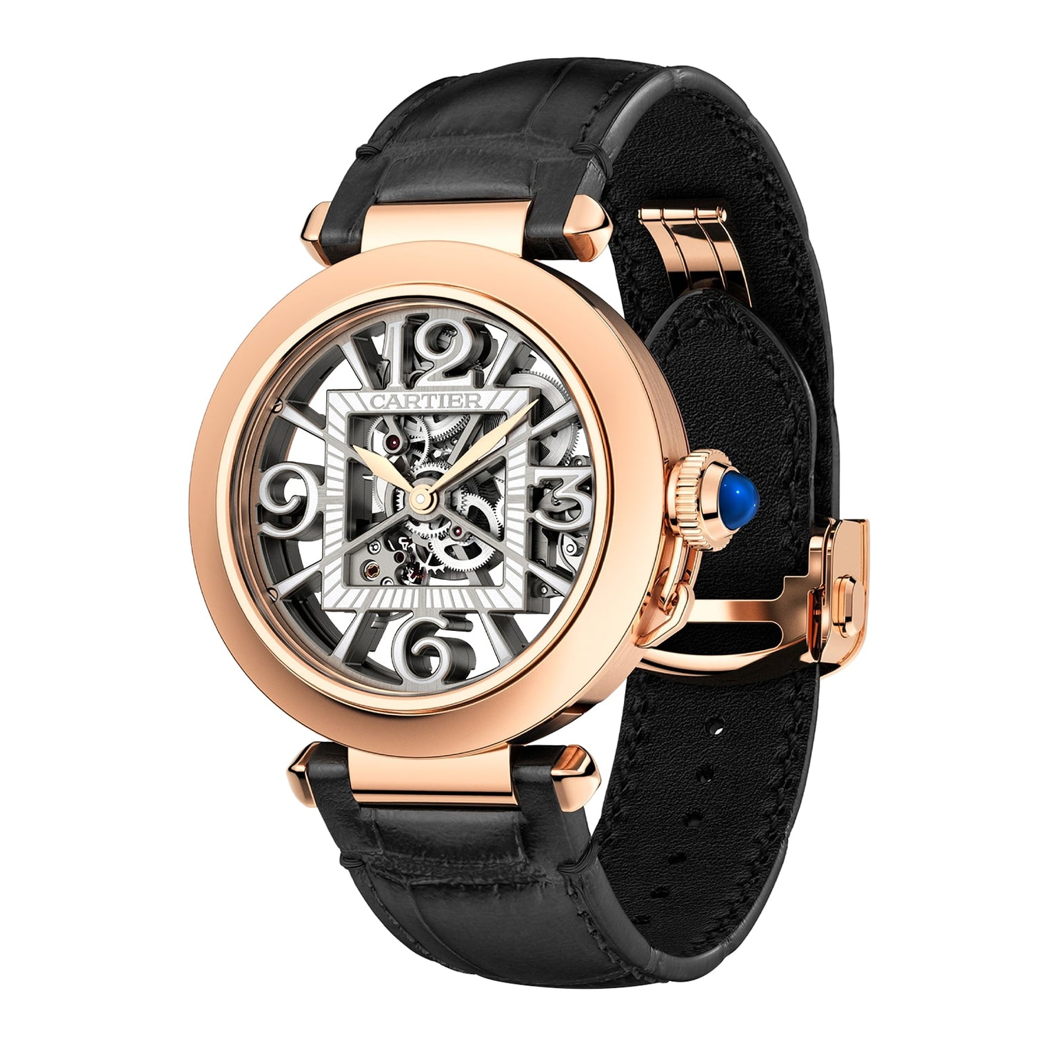 The Pasha de Cartier is a luxury Cartier skeleton watch featuring a gold case, black leather strap, and visible inner mechanisms.