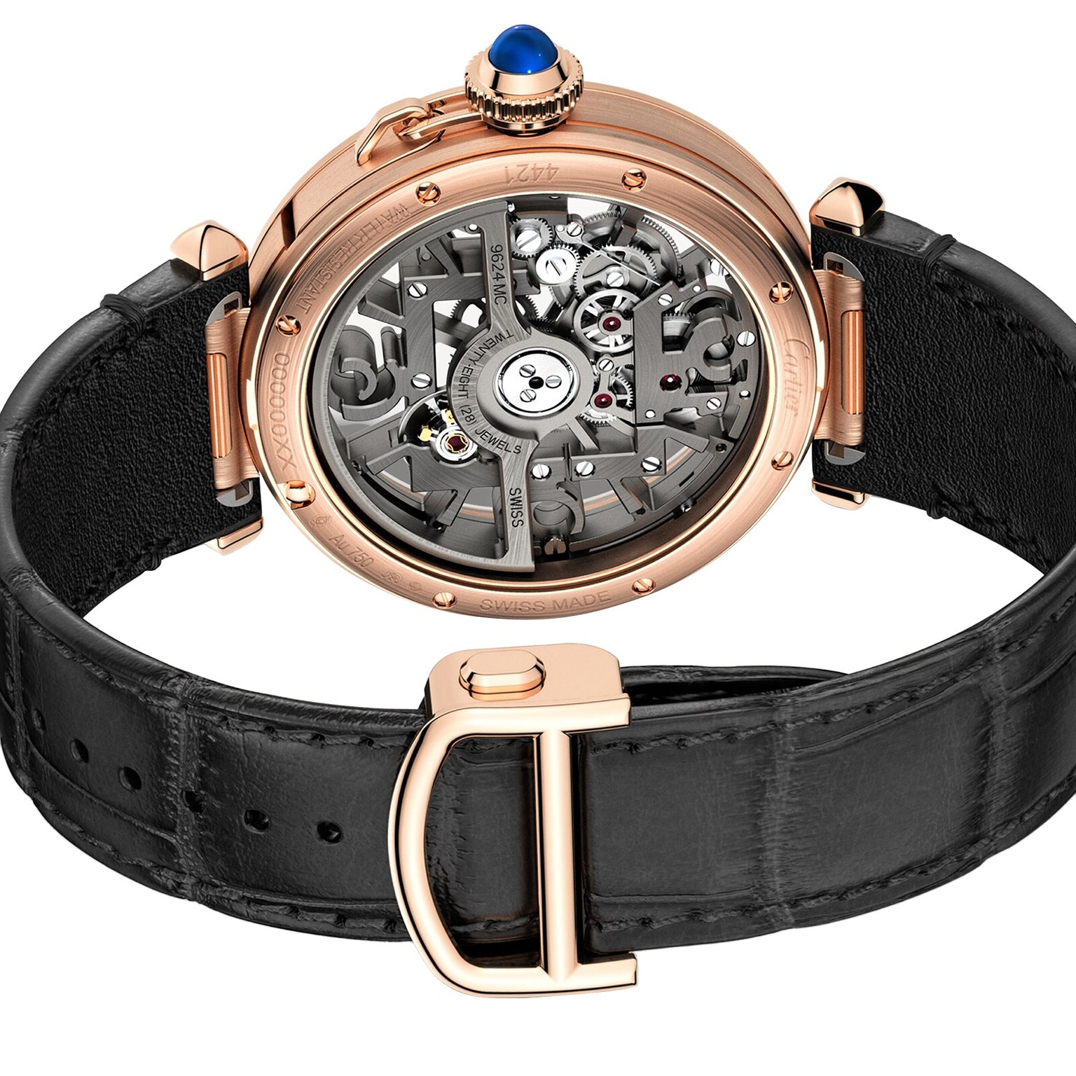 The Pasha de Cartier by Cartier is a gold luxury watch featuring a black leather strap and a visible skeleton back that displays its intricate internal gears.