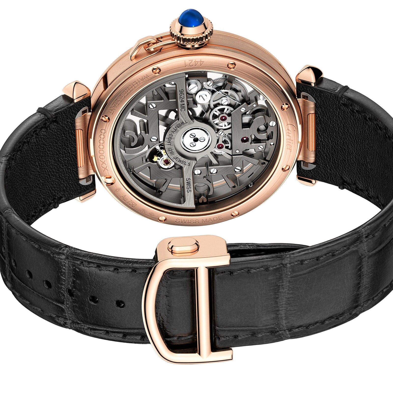 The Pasha de Cartier by Cartier is a gold luxury watch featuring a black leather strap and a visible skeleton back that displays its intricate internal gears.