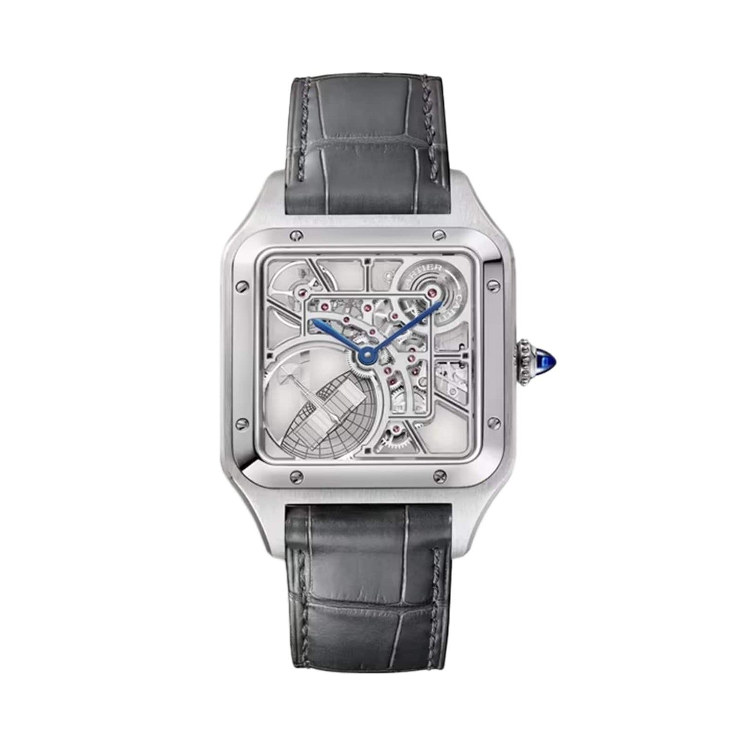 The Cartier Santos-Dumont Skeleton with Micro-Rotor features a square face, blue hands, visible mechanical movement, and a grey leather strap—exemplifying minimalism and elegance against a white background.