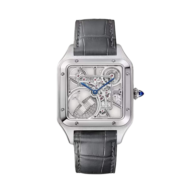 The Cartier Santos-Dumont Skeleton with Micro-Rotor features a square face, blue hands, visible mechanical movement, and a grey leather strap—exemplifying minimalism and elegance against a white background.