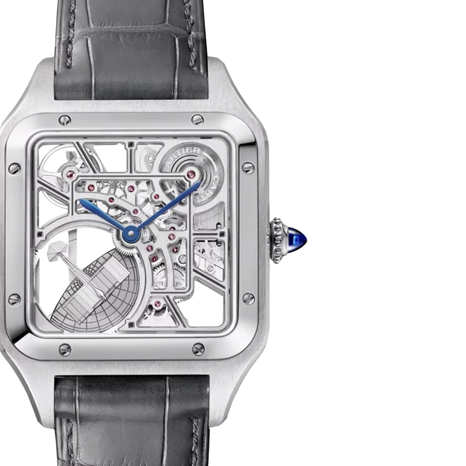 The Cartier Santos-Dumont Skeleton with Micro-Rotor features a square skeleton dial, visible gears, blue hands, leather strap, and an elegant globe design on the lower left, drawing inspiration from the classic Santos de Cartier.