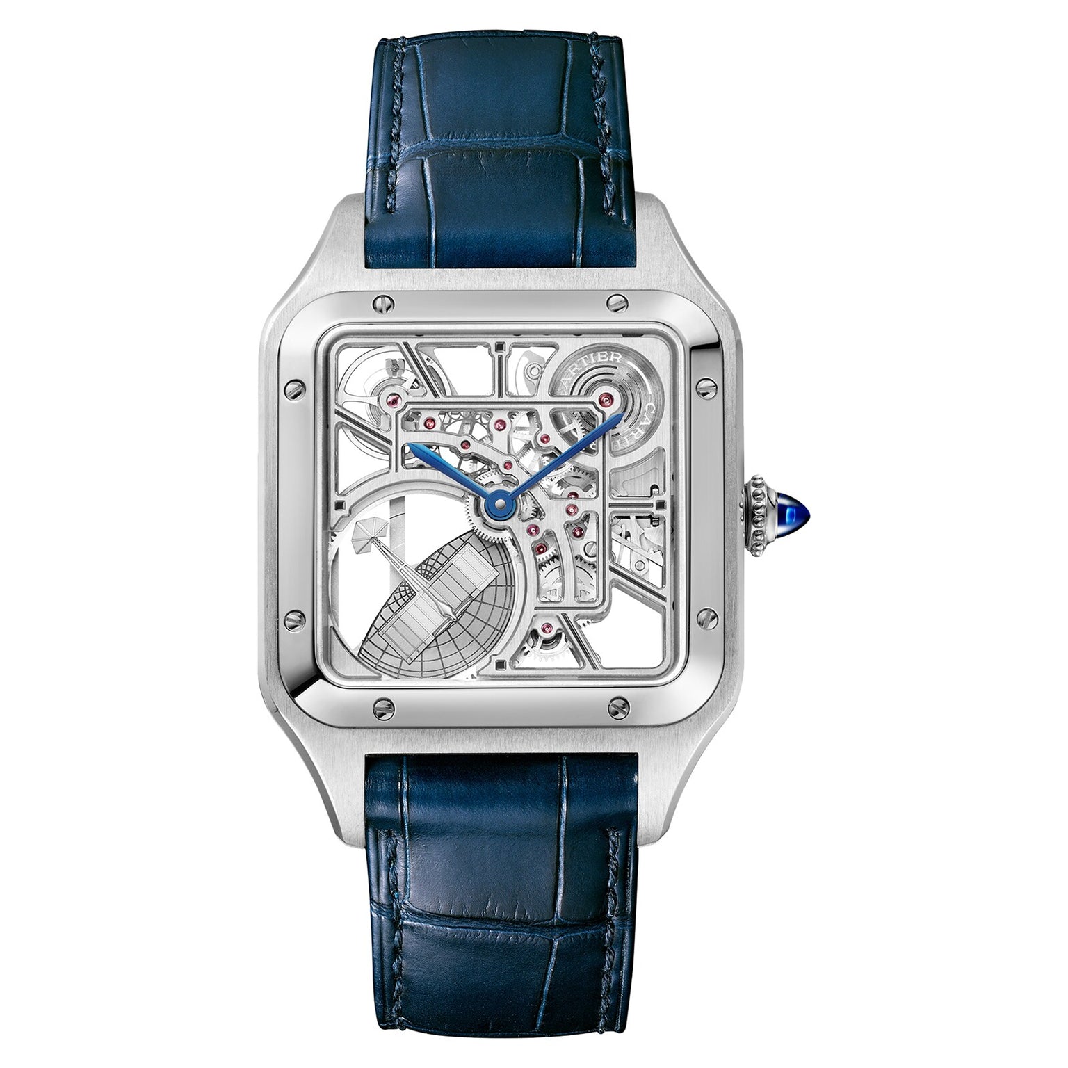 The Cartier Santos-Dumont Skeleton with Micro-Rotor features a square case, visible gears, blue hands and crown, a blue leather strap, and a globe-motif dial blending mechanical elegance with intricate minimalism.
