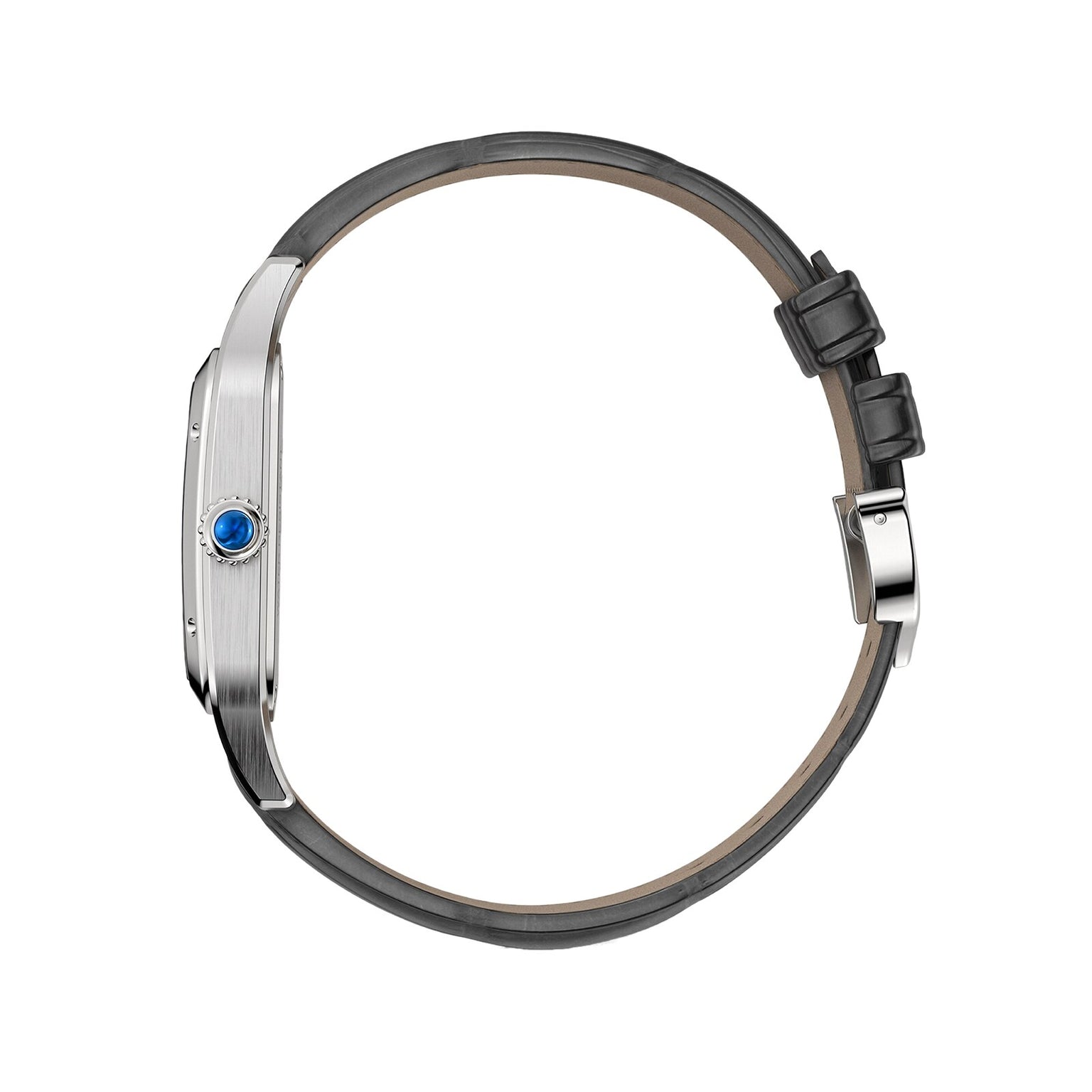 Side view of the Cartier Santos-Dumont Skeleton with Micro-Rotor, featuring a black leather strap, silver case, and a blue gem on the crown that highlights its minimalist and elegant design.