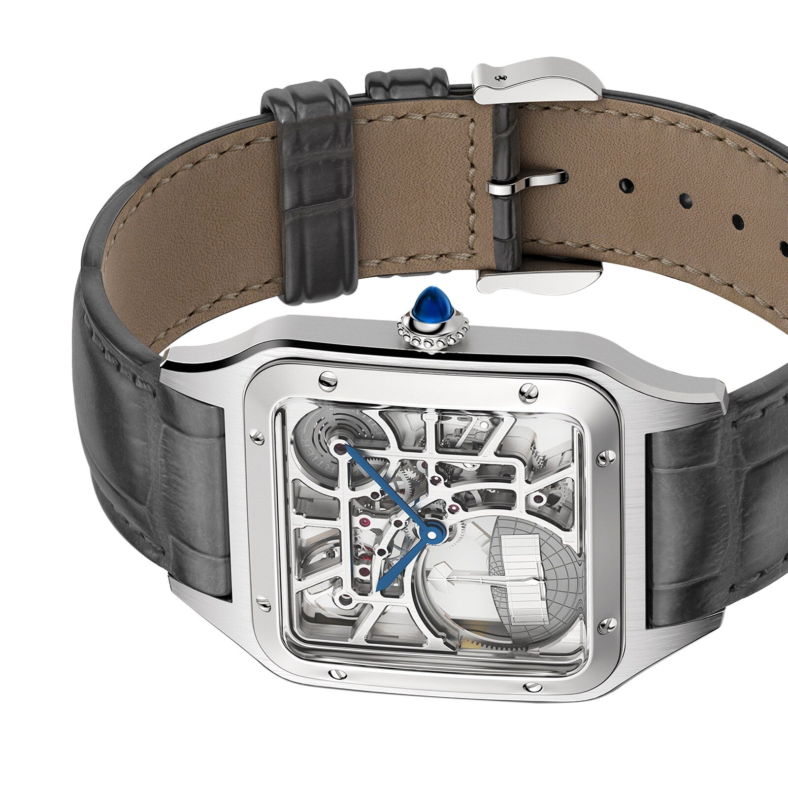 The Cartier Santos-Dumont Skeleton with Micro-Rotor showcases a square silver case, skeleton dial, blue hands, black leather strap, and blue cabochon crown—an elegant fusion of luxury and refined craftsmanship.