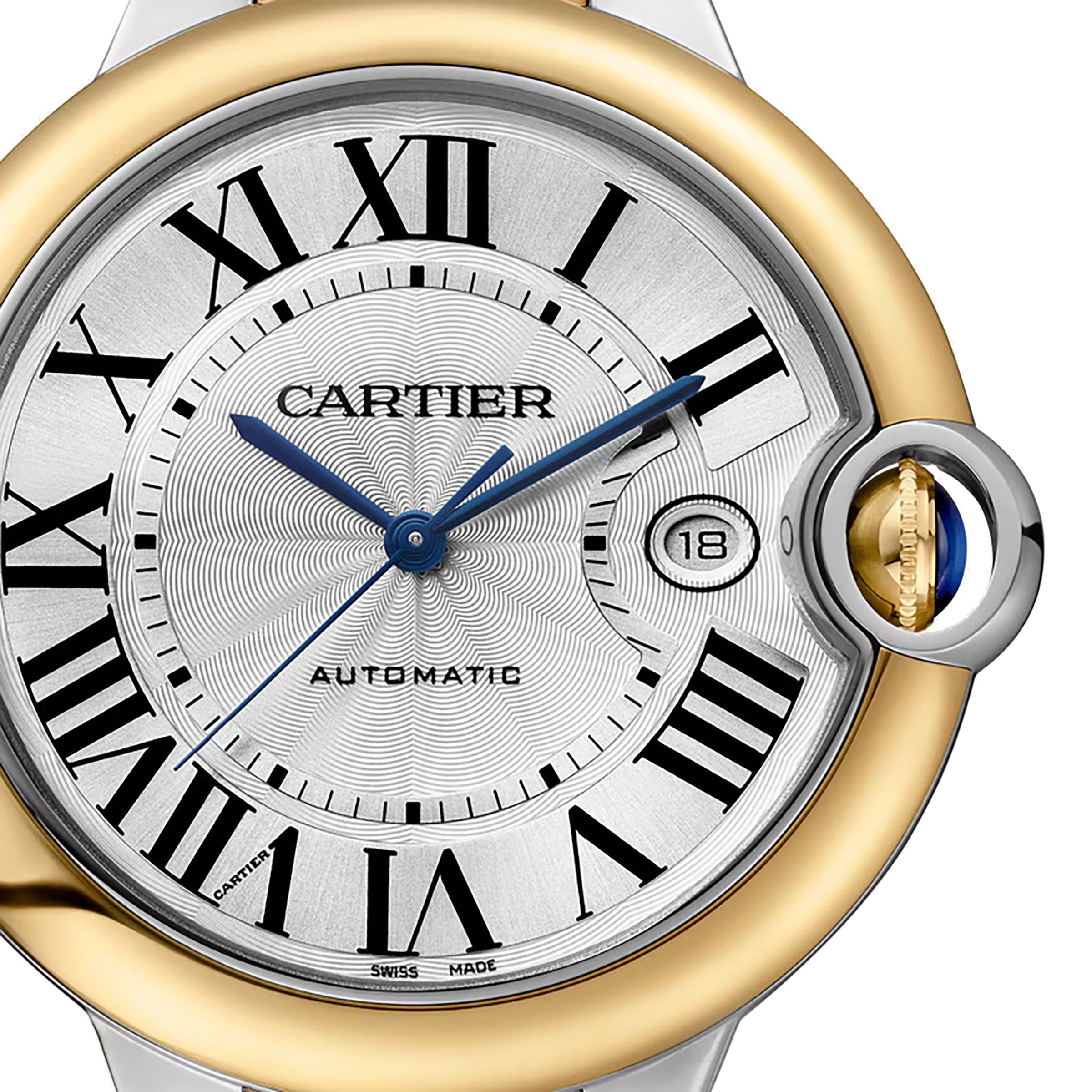 Close-up of the Cartier Ballon Bleu de Cartier watch face featuring Roman numerals, 18K yellow gold and silver bezel, blue hands, date window at 3 o’clock, and AUTOMATIC text for its Calibre 1847 MC automatic movement.