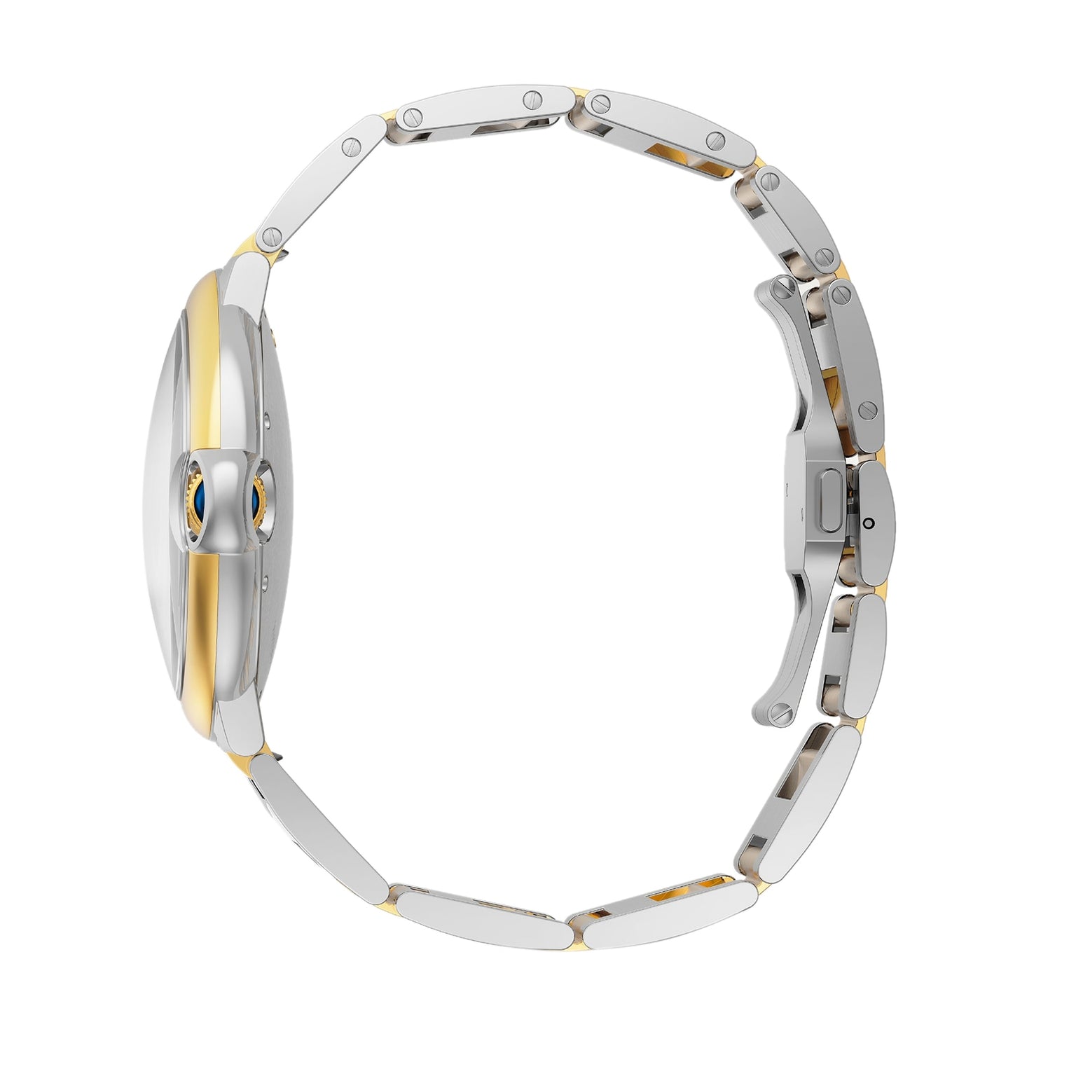 Side view of the Ballon Bleu de Cartier by Cartier, a silver and gold metal wristwatch featuring a visible clasp and a sleek, slim design.