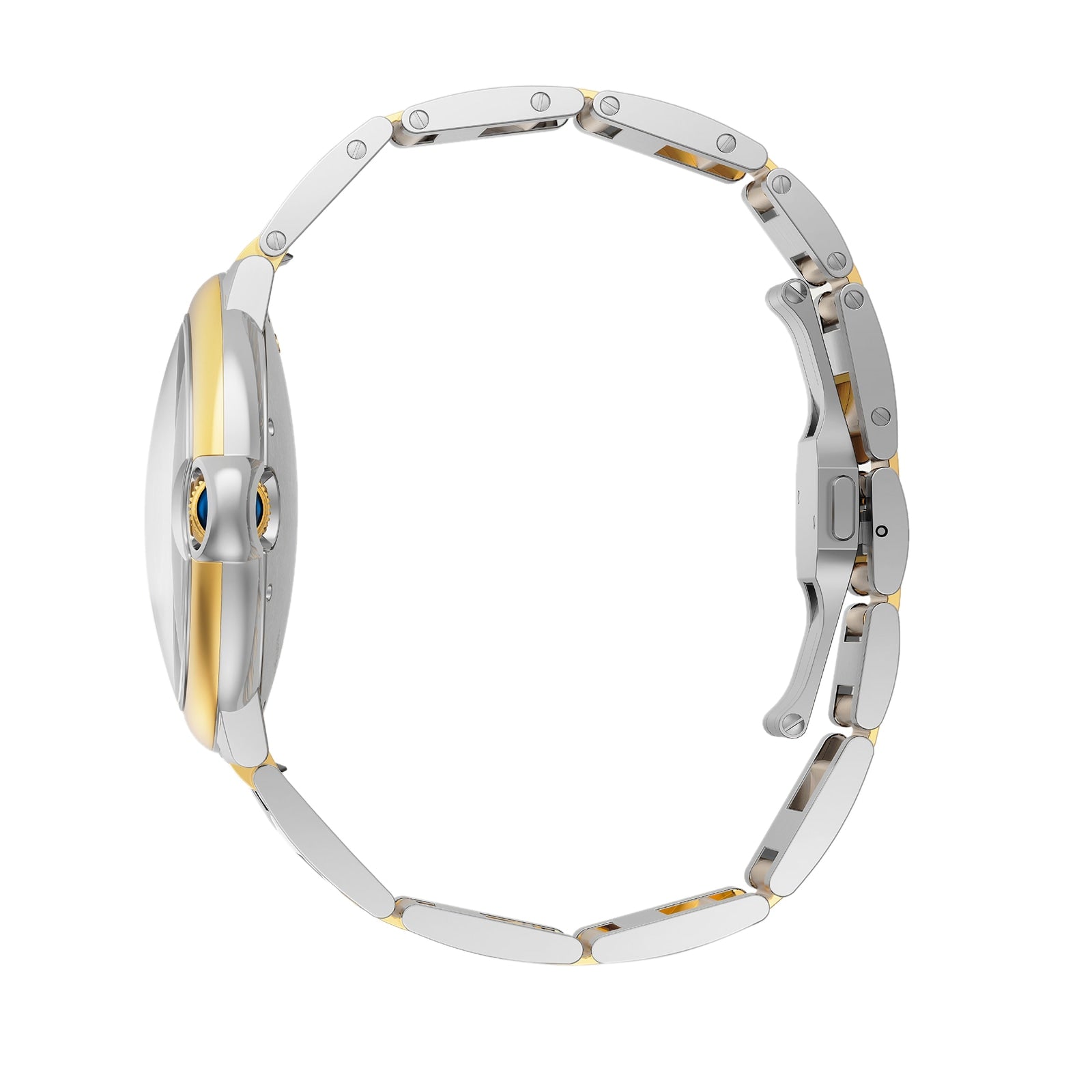 Side view of the Ballon Bleu de Cartier by Cartier, a silver and gold metal wristwatch featuring a visible clasp and a sleek, slim design.