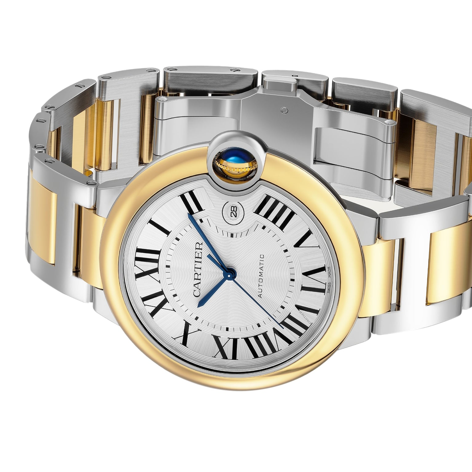 The Cartier Ballon Bleu de Cartier watch features a silver and 18K yellow gold two-tone bracelet, Roman numeral hour markers, a blue cabochon crown, and the Calibre 1847 MC automatic movement.