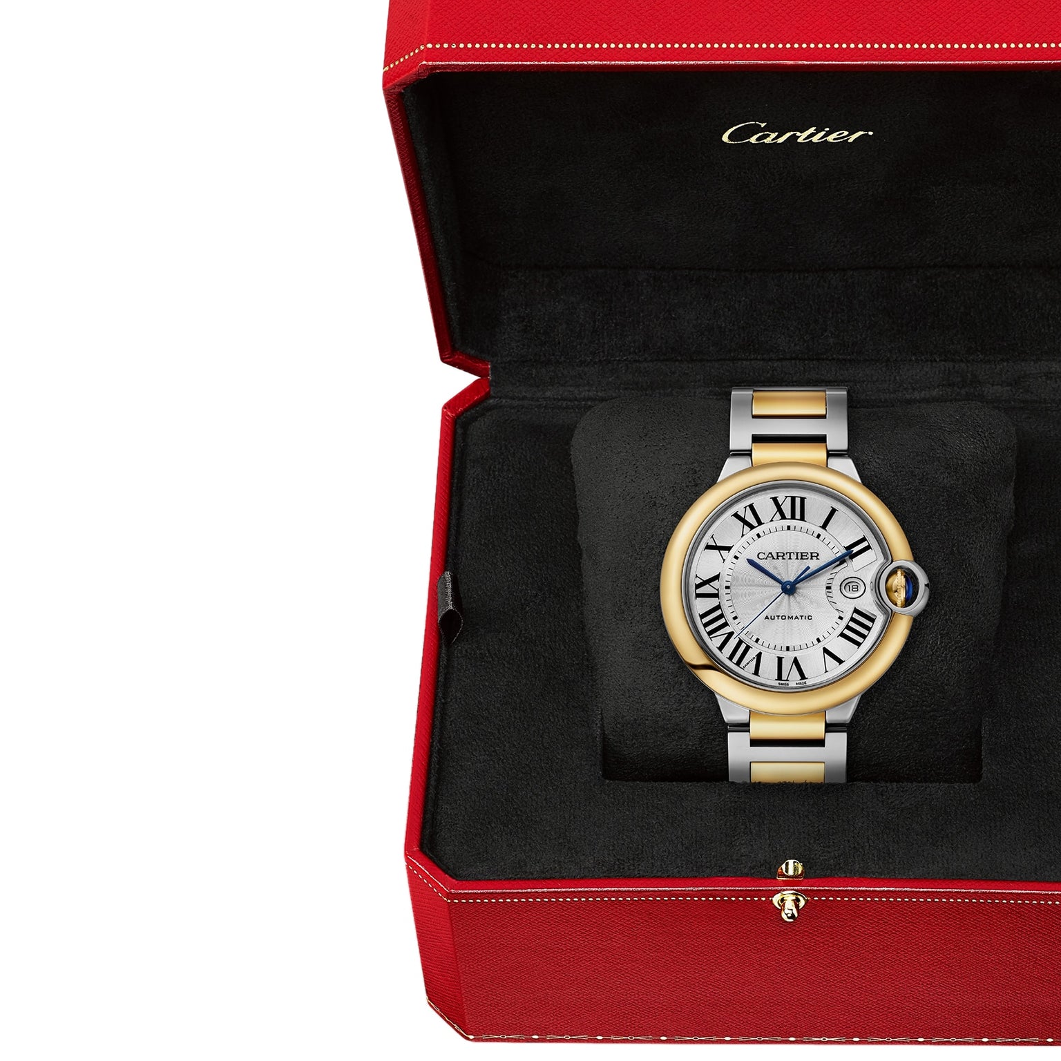 A Cartier Ballon Bleu de Cartier wristwatch with a gold and silver band, Roman numeral markers, and a round face with Calibre 1847 MC automatic movement, displayed in an open red Cartier box with black interior.