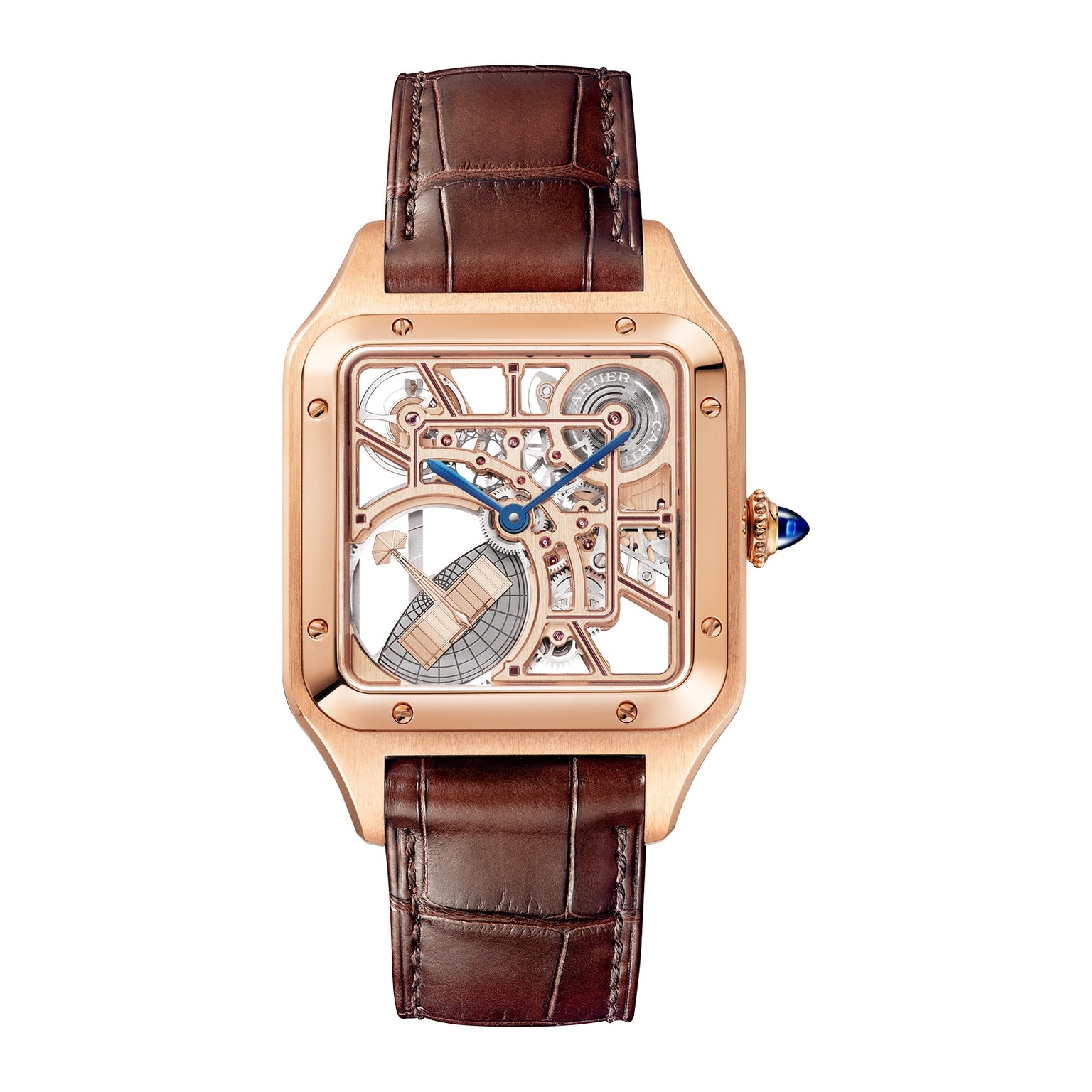 The Cartier Santos-Dumont Skeleton with Micro-Rotor features a square rose gold case, brown leather strap, and blue hands, displayed on a white background.