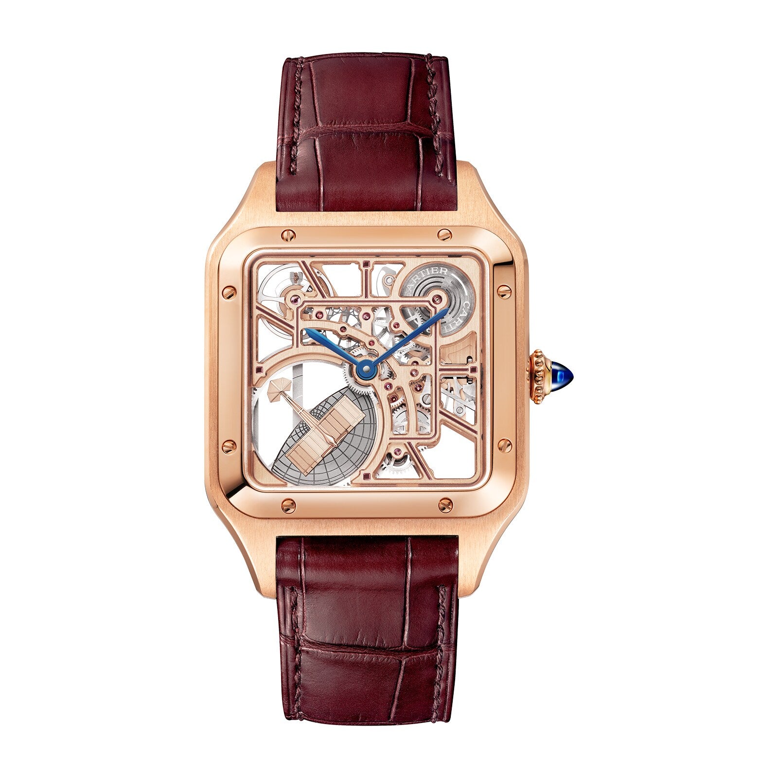 The Cartier Santos-Dumont Skeleton with Micro-Rotor features a gold square case, blue hands, and a brown leather strap.