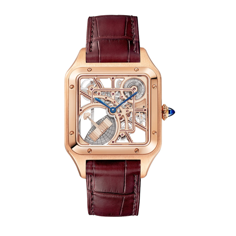 The Cartier Santos-Dumont Skeleton with Micro-Rotor features a rose gold square case, brown leather strap, and a luxurious skeleton design showcasing its exposed gears.
