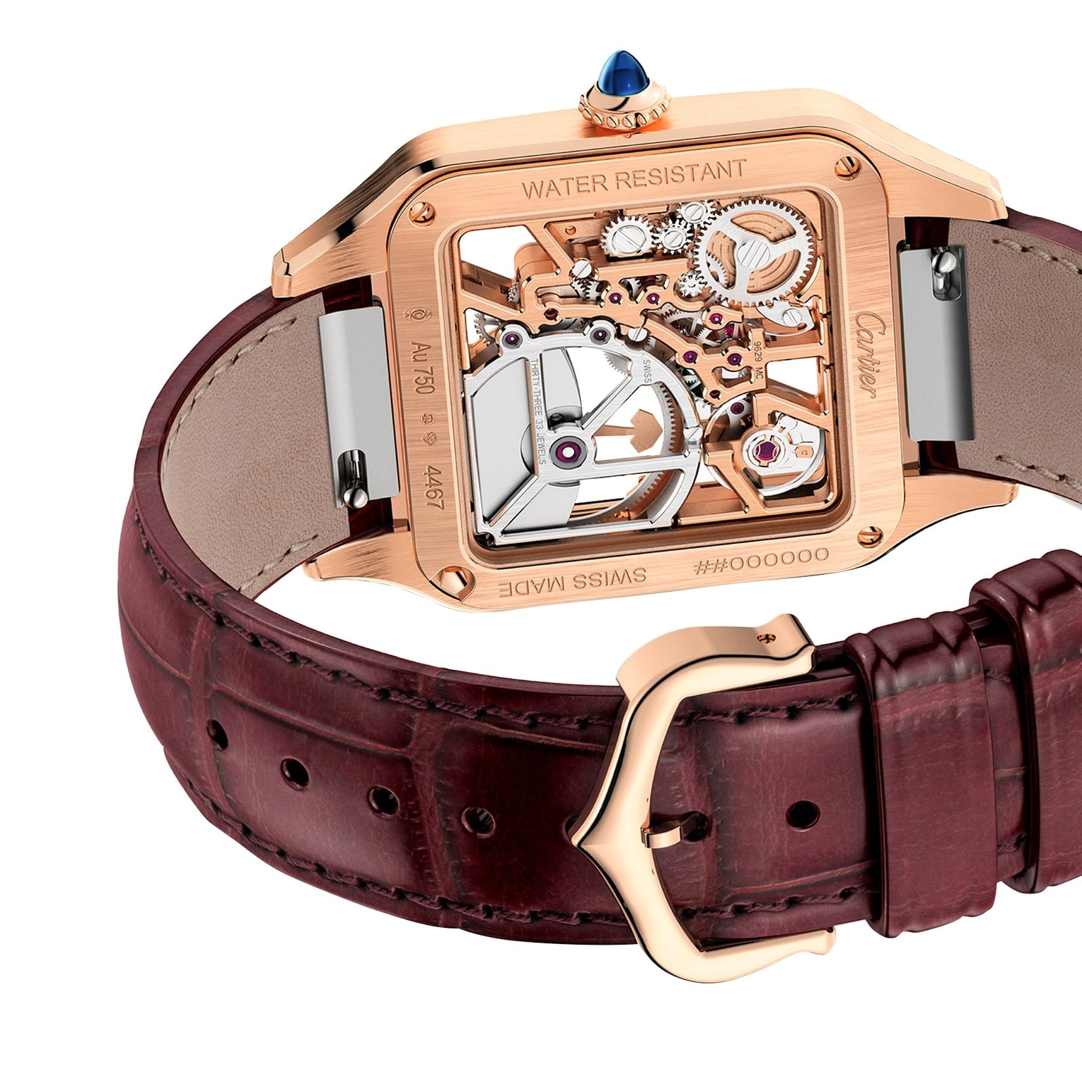Back view of the Cartier Santos-Dumont Skeleton with Micro-Rotor, featuring visible gears, a rose gold case, and a brown leather strap.