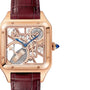 The Cartier Santos-Dumont Skeleton with Micro-Rotor features a gold square case, blue hands, and a brown leather strap.