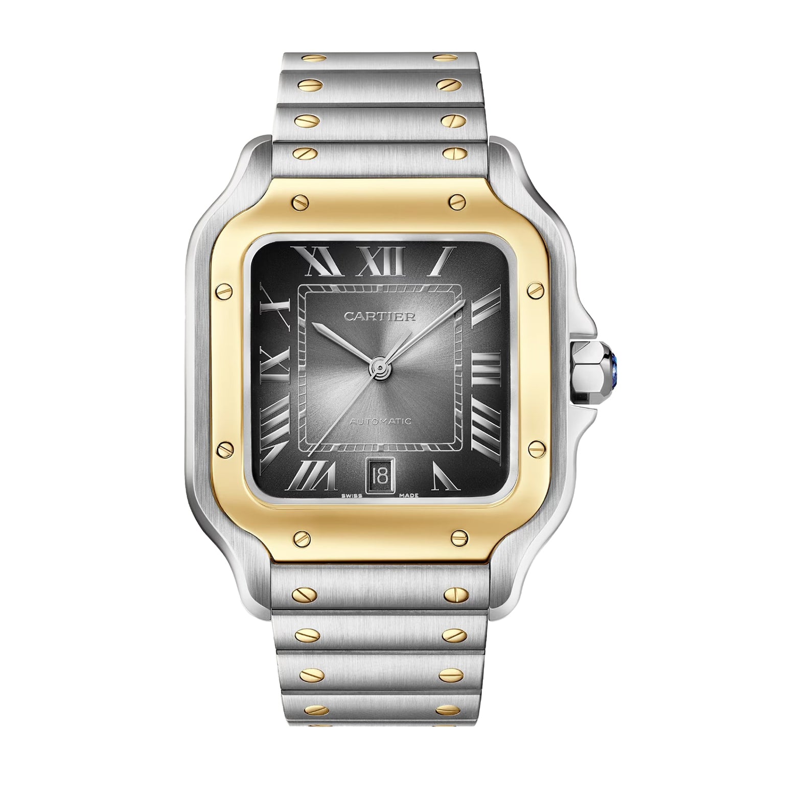 The Santos de Cartier by Cartier features a square silver dial, gold bezel, Roman numeral hour markers, and a two-tone bracelet with gold screws—an elegant example of timeless minimalism.