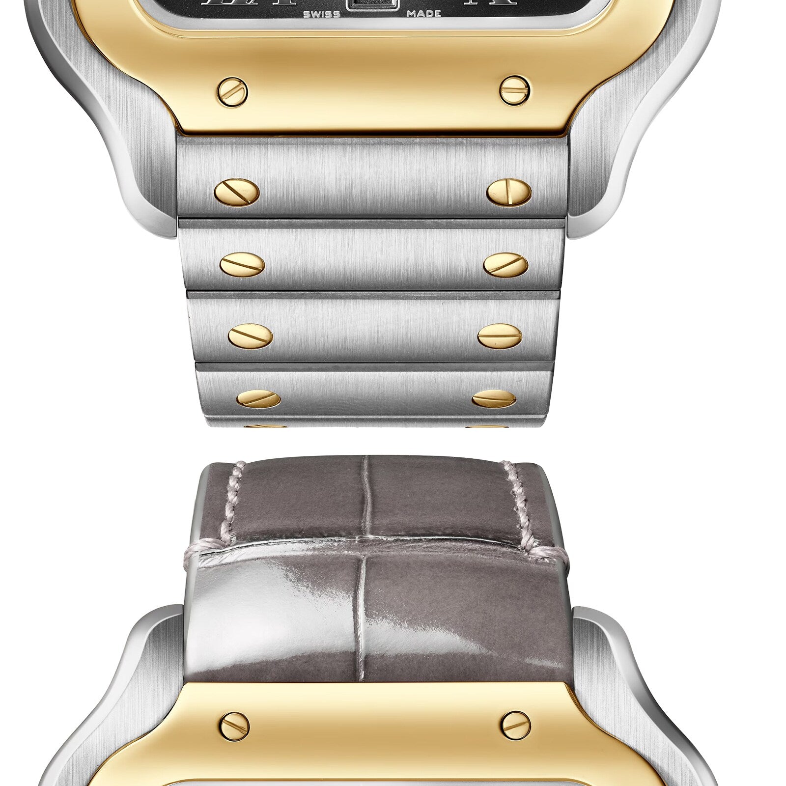 Close-up of two Santos de Cartier watch straps by Cartier: a metal bracelet with gold screws above and a grey leather strap with white stitching below, both highlighting the collection’s elegant design.