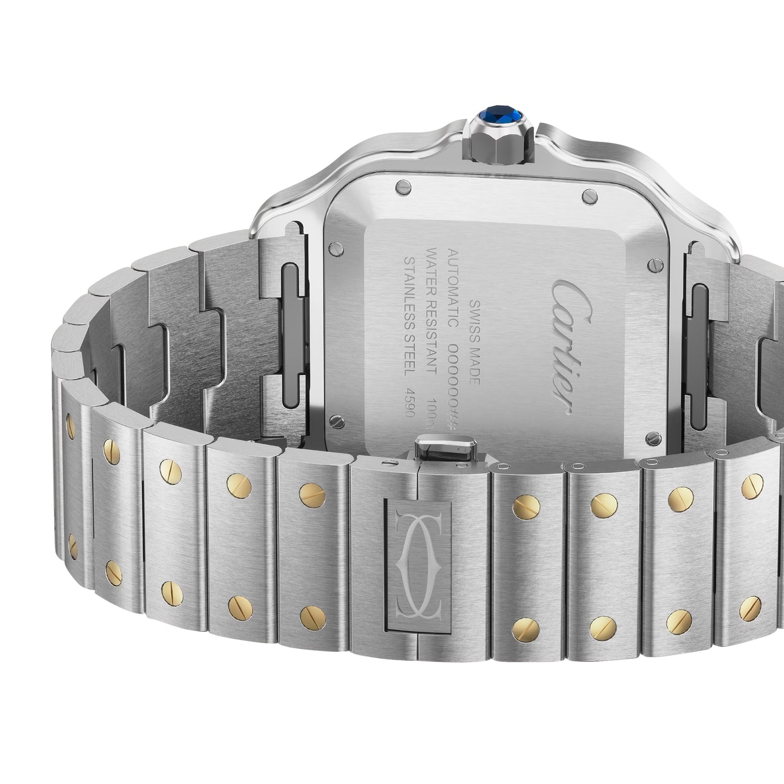 Close-up of the back of a Santos de Cartier watch by Cartier, featuring elegant gold screws and the engraved Cartier logo on the clasp.