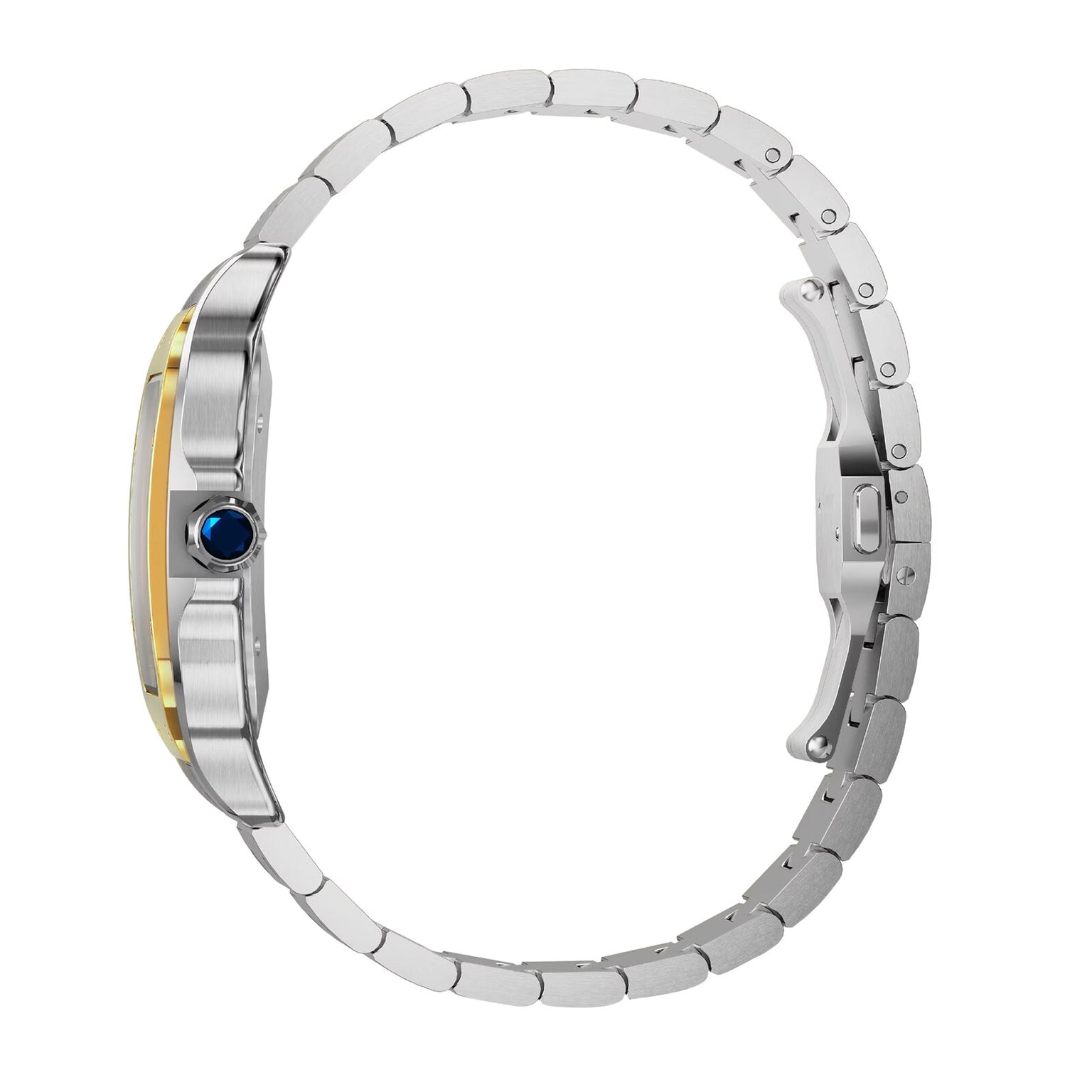 Side view of the Santos de Cartier wristwatch by Cartier, with an elegant design featuring a round blue crown, two-tone bezel, and silver metal linked bracelet with clasp.