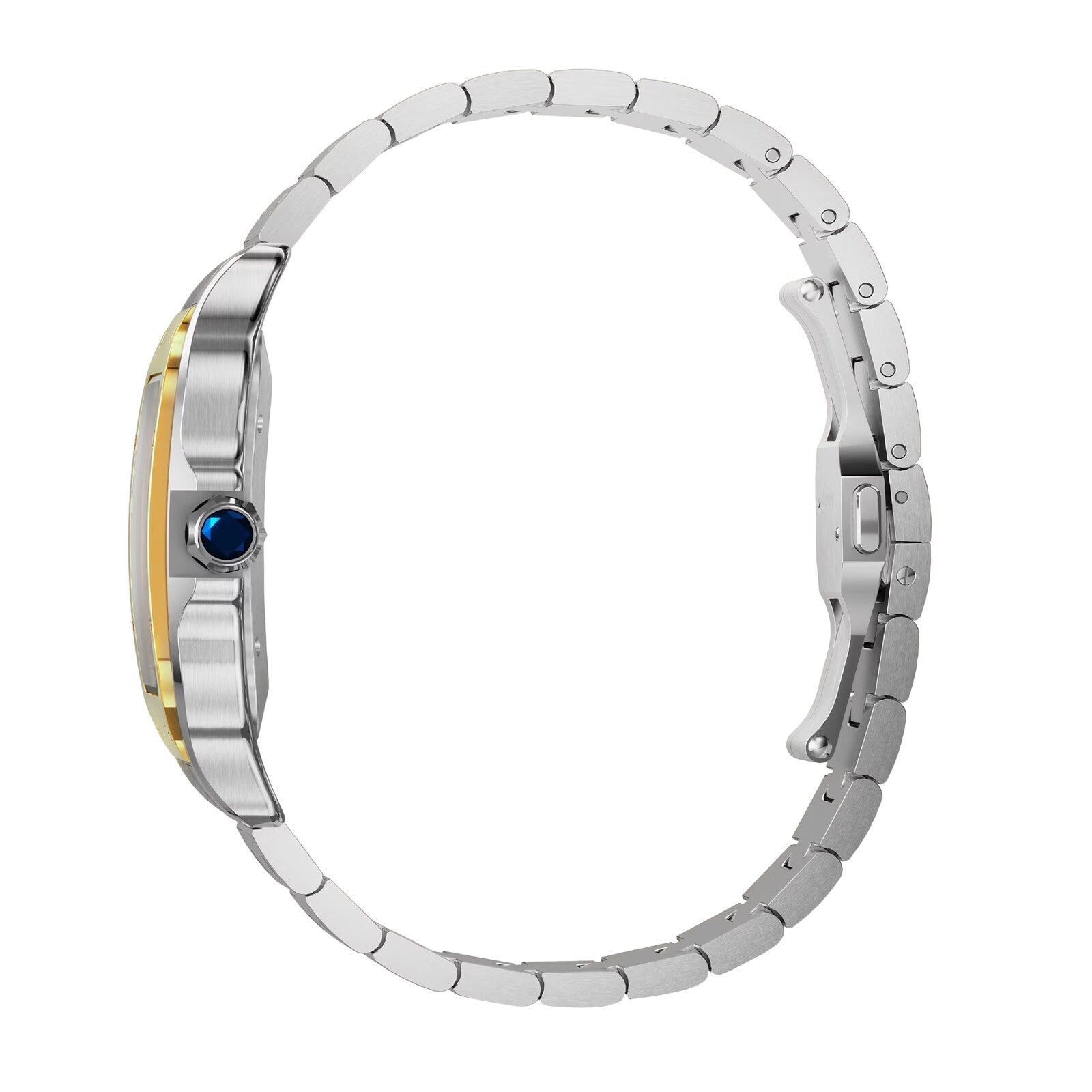 Side view of the Santos de Cartier wristwatch by Cartier, with an elegant design featuring a round blue crown, two-tone bezel, and silver metal linked bracelet with clasp.