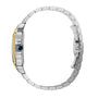 Side view of the Santos de Cartier wristwatch by Cartier, with an elegant design featuring a round blue crown, two-tone bezel, and silver metal linked bracelet with clasp.