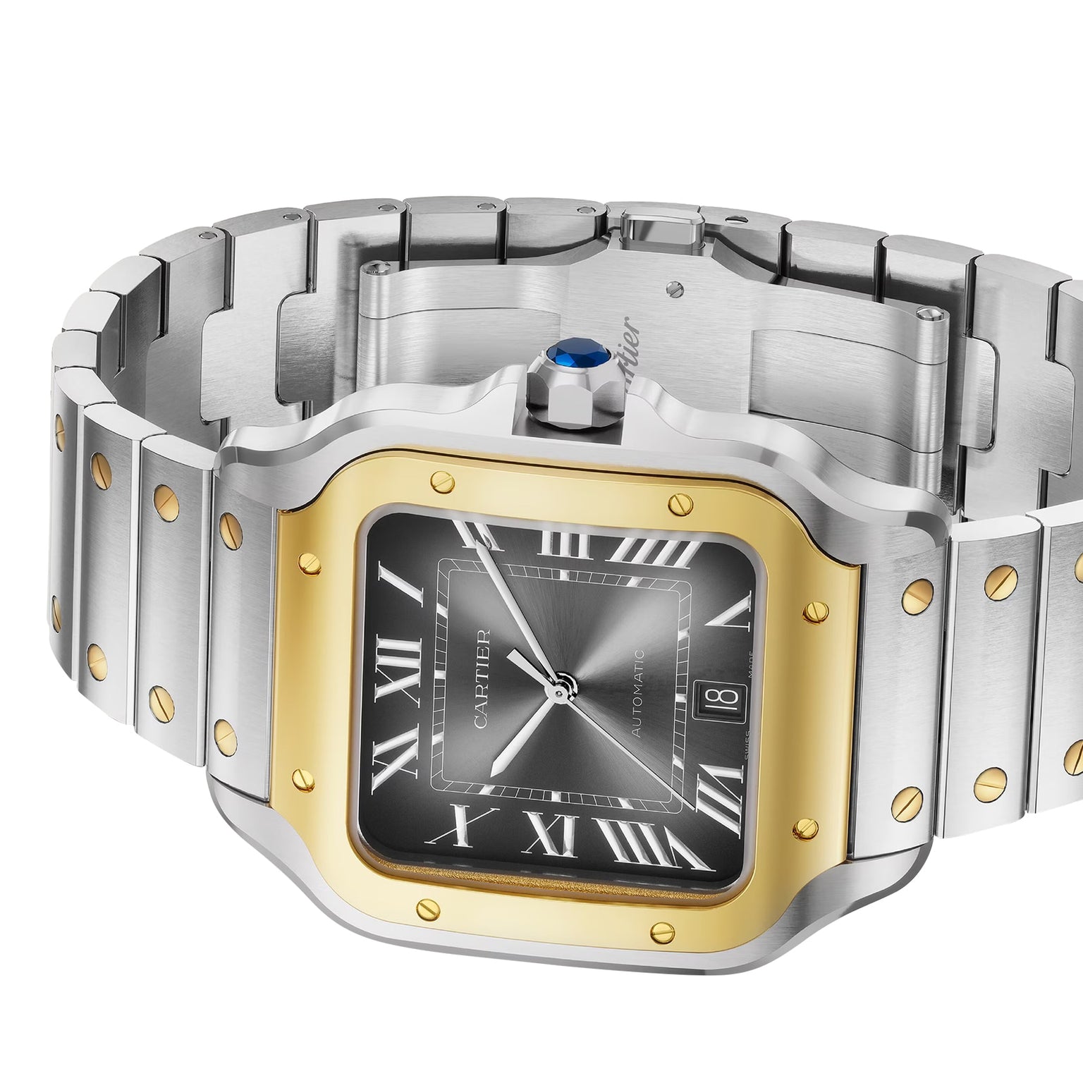 The Santos de Cartier watch by Cartier features a stainless steel and gold case, minimalist square dial with Roman numerals, date display, and an elegant metal link bracelet.