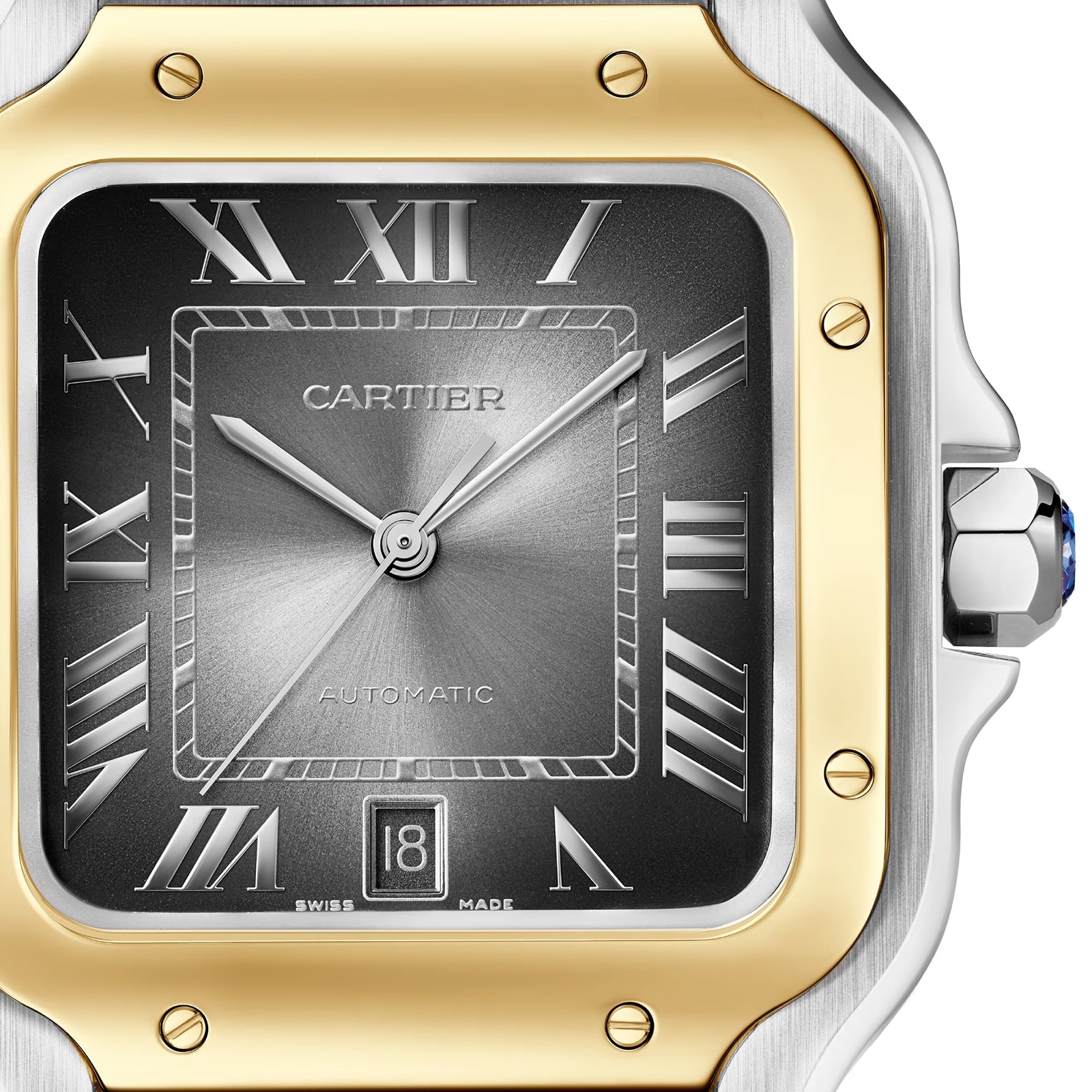Close-up of a Santos de Cartier watch face by Cartier, featuring Roman numerals, a date display at 6 o’clock, and a two-tone silver and gold bezel that highlights its elegant design.