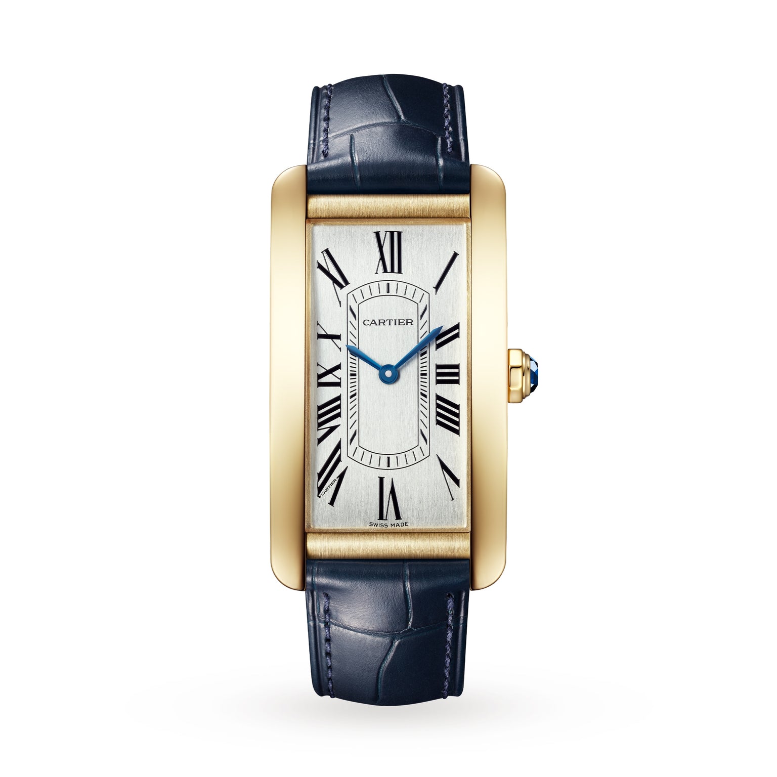 The Cartier Tank Américaine is a rectangular gold watch featuring a blue leather strap and a Roman numeral dial on a white background.