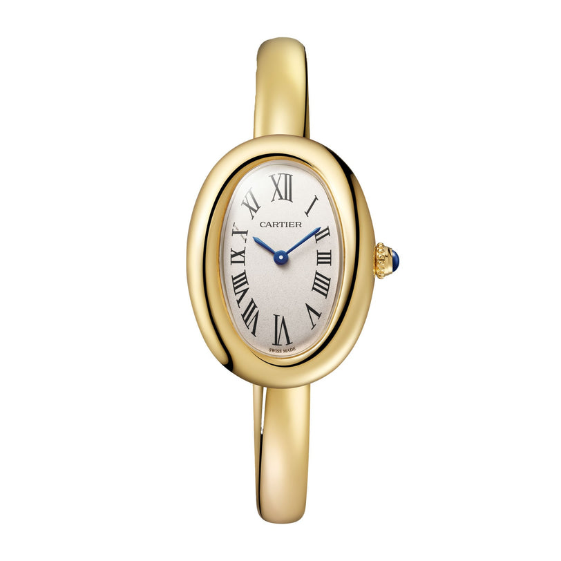 The Cartier Baignoire watch features an oval face, Roman numerals, blue hands, and a slim gold bracelet band.