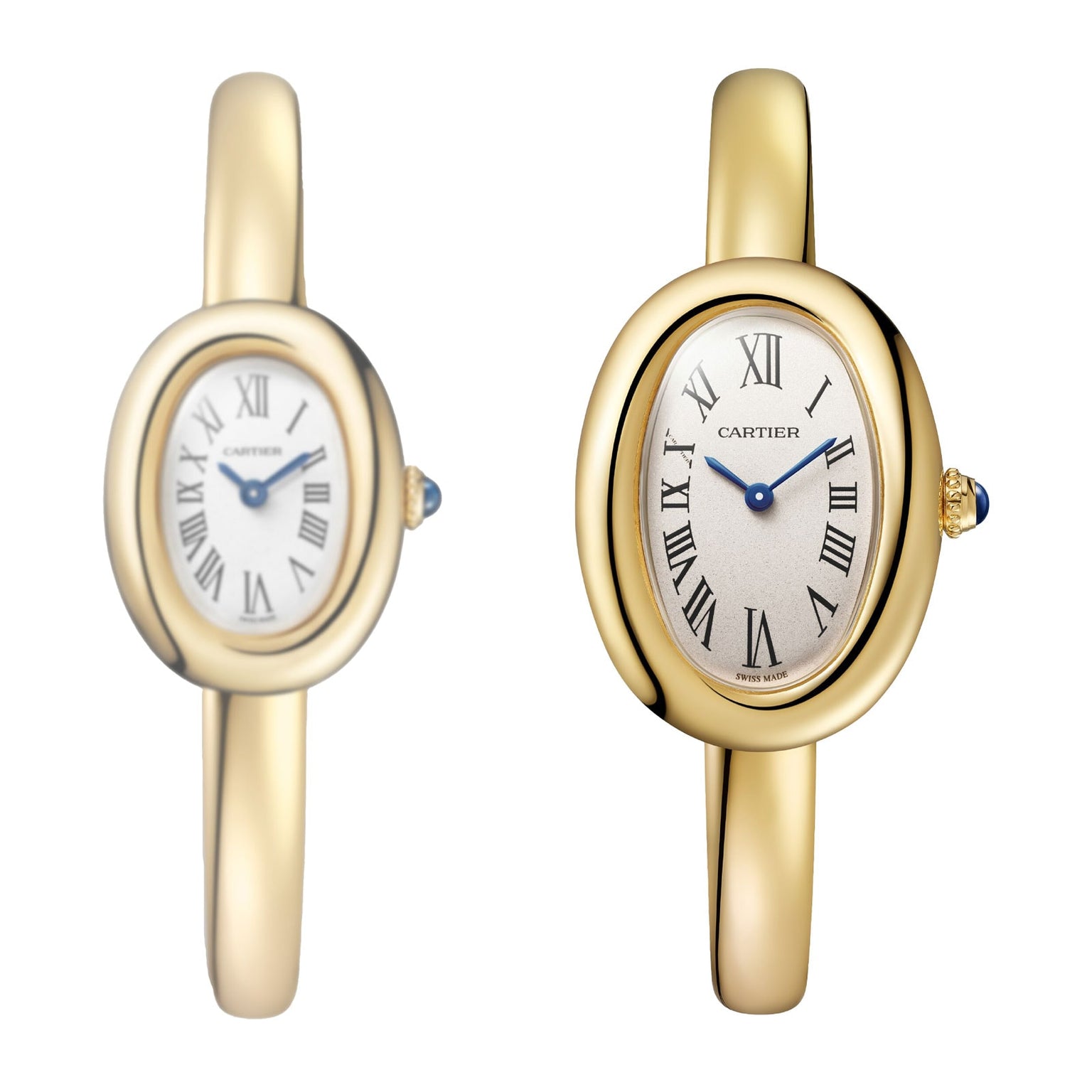 Two Cartier Baignoire gold wristwatches with white oval faces and Roman numerals are displayed on a white background.