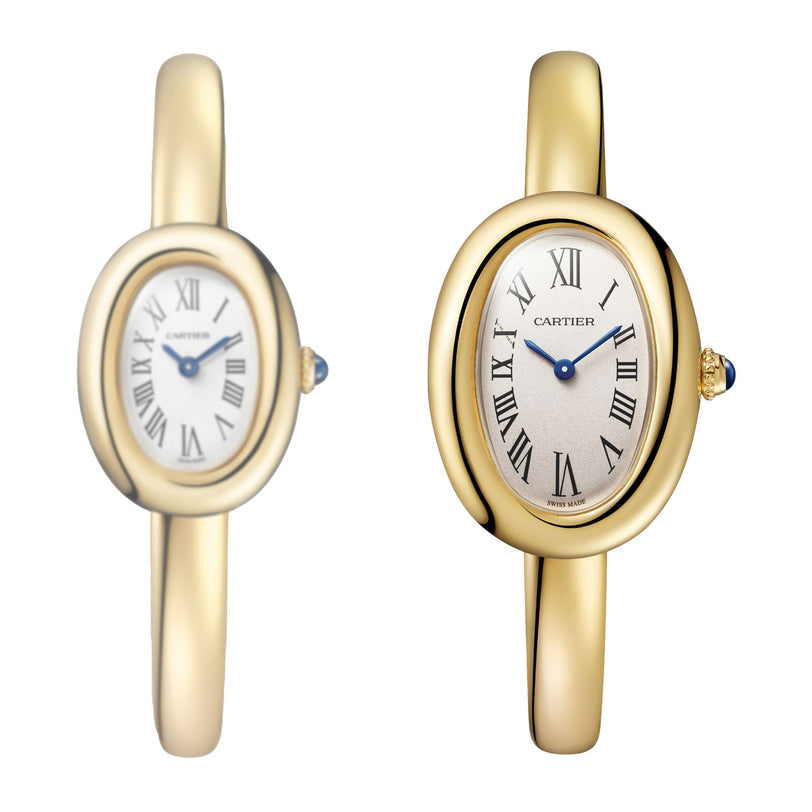 Two Cartier Baignoire gold wristwatches with white oval faces and Roman numerals are displayed on a white background.