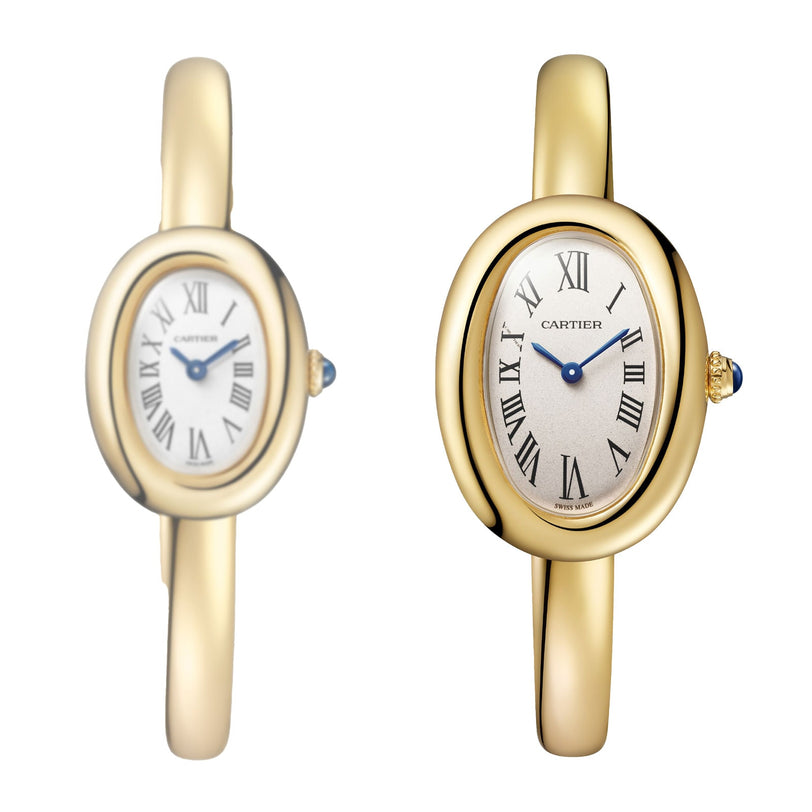 Two Cartier Baignoire gold oval wristwatches feature white faces with black Roman numerals, displayed on a plain white background.