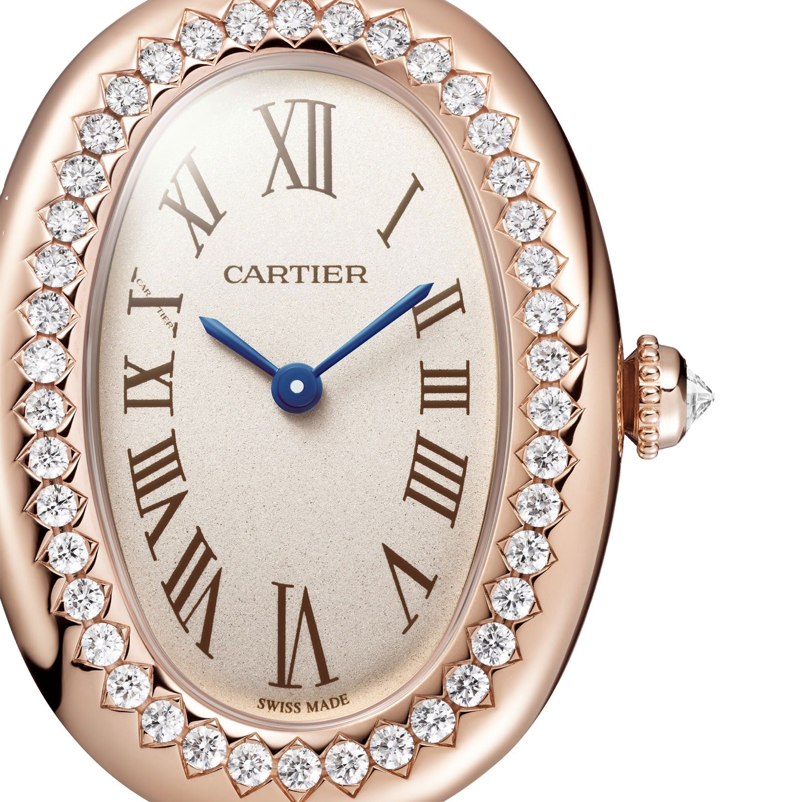 Close-up of the Cartier Baignoire watch featuring Roman numerals, blue hands, and a diamond-encrusted rose gold bezel.