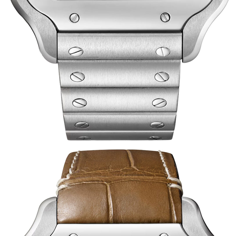 Close-up of a minimalist metal bracelet with visible screws by Cartier, displayed above a brown leather Santos de Cartier strap with white stitching.